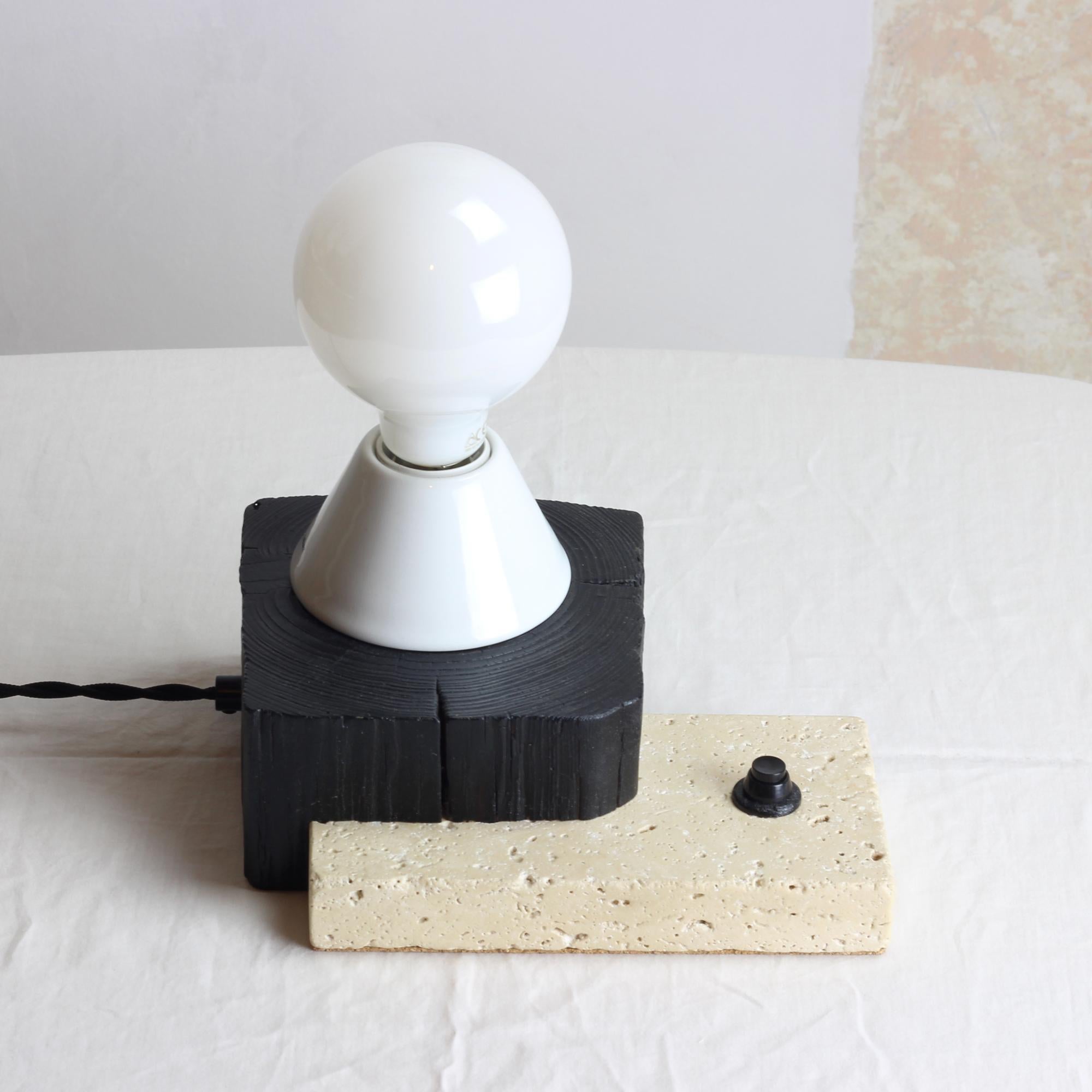 Hungarian Block, Sculptured Lighting, Table Lamp from Reclaimed Burned Wood and Stone For Sale