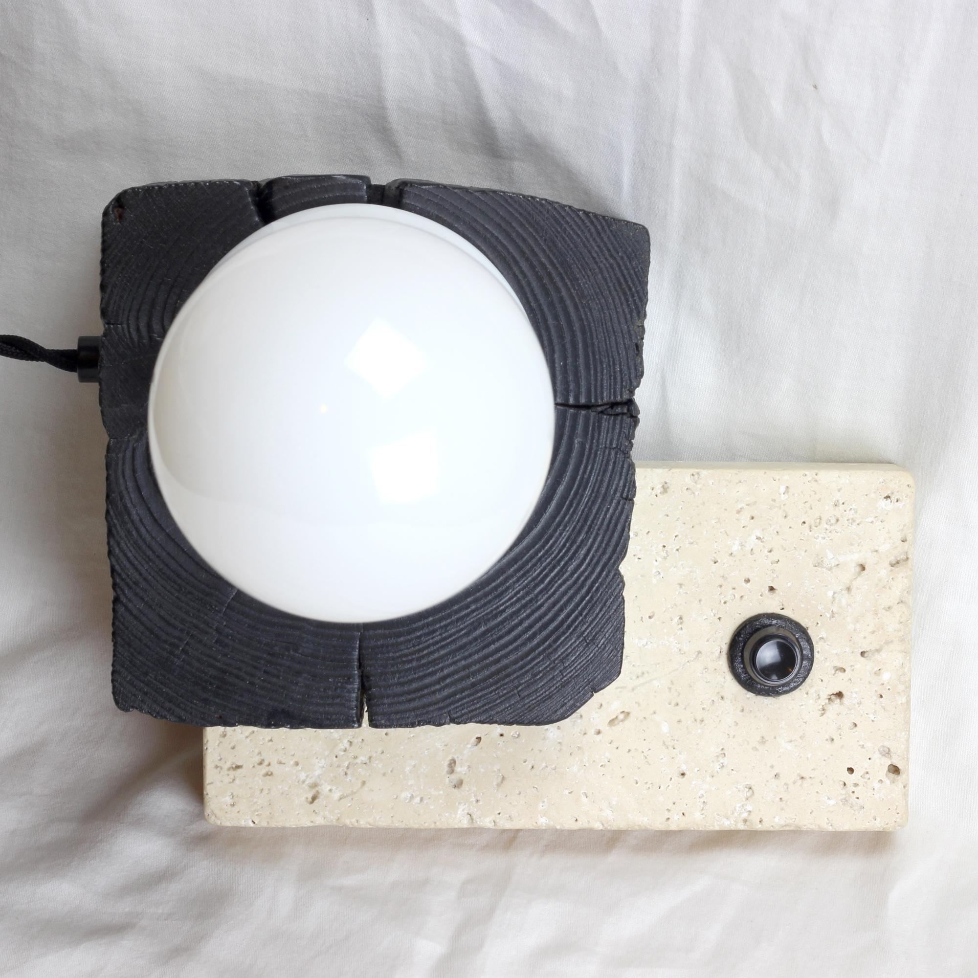 Woodwork Block, Sculptured Lighting, Table Lamp from Reclaimed Burned Wood and Stone For Sale