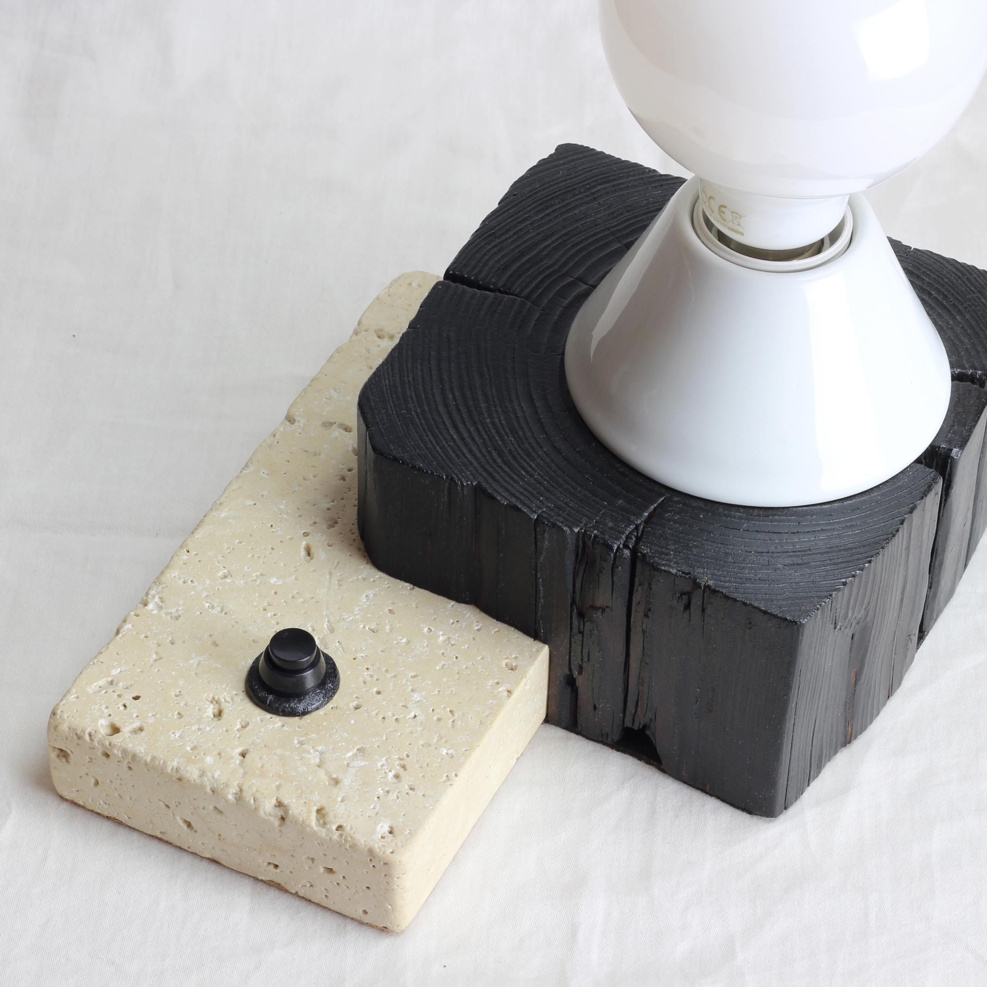Contemporary Block, Sculptured Lighting, Table Lamp from Reclaimed Burned Wood and Stone For Sale