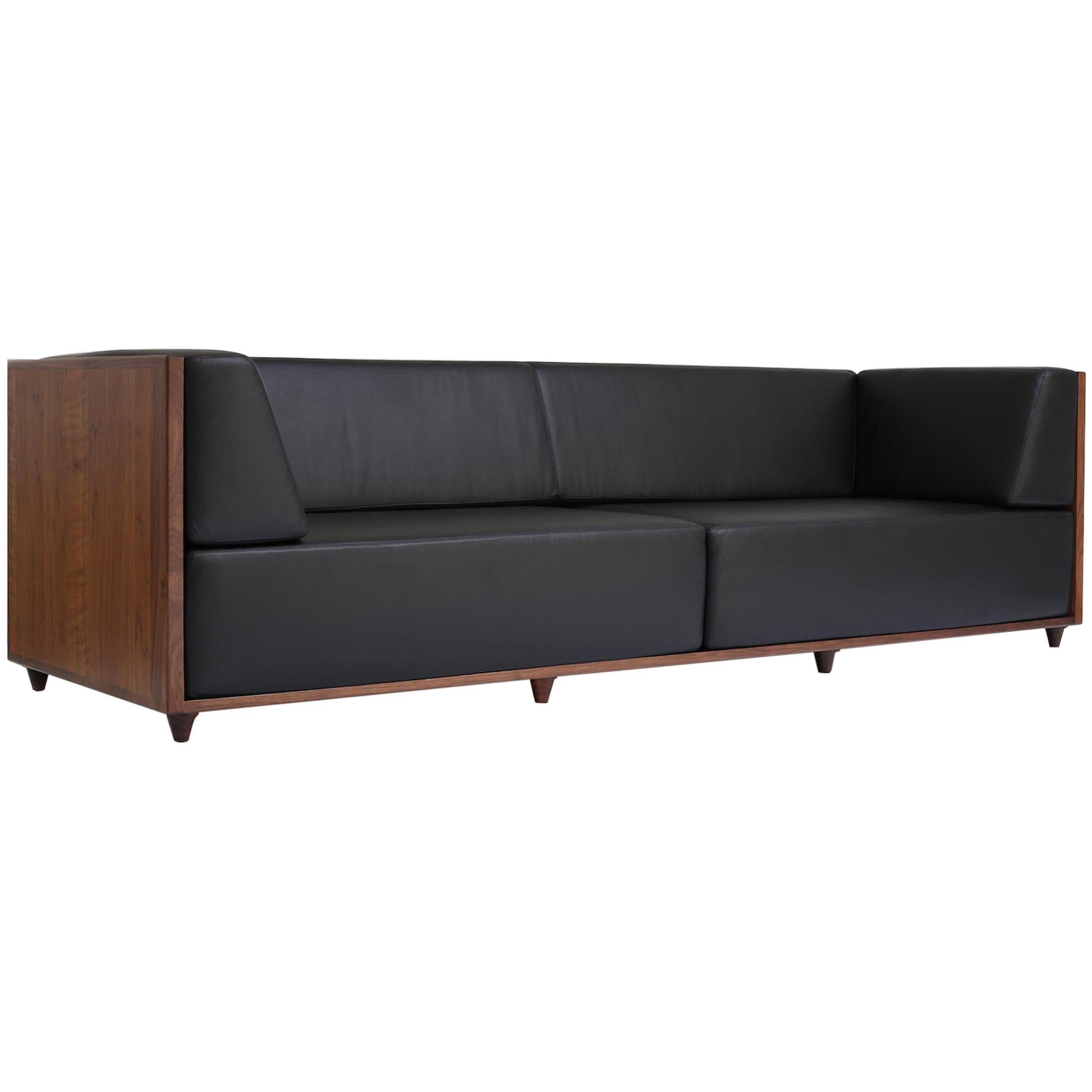 Block Series Modern Black Leather Walnut Frame Sofa
