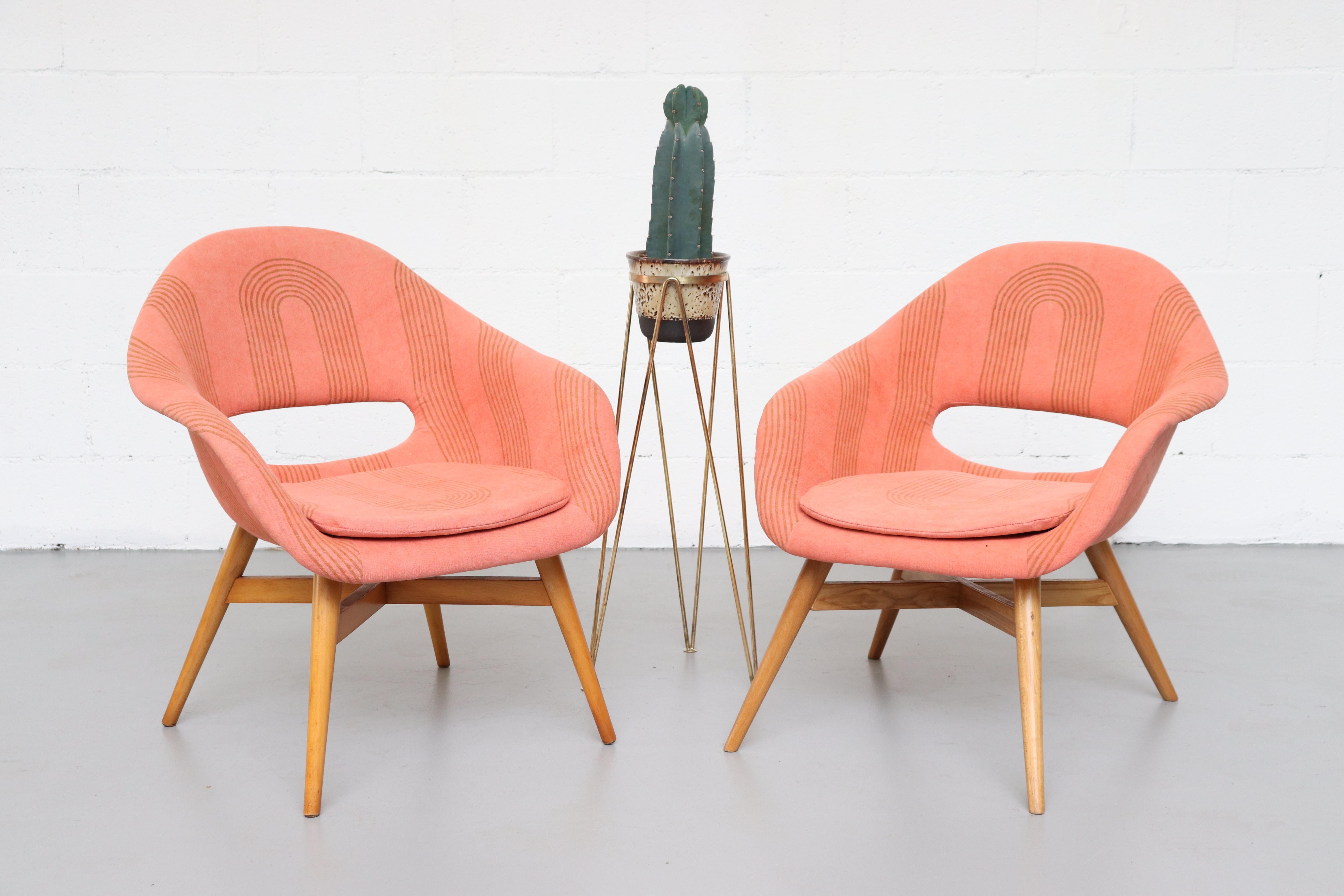 Part of our special limited edition collaboration with Los Angeles textile studio Block Shop Textiles. Saarinen-style Miroslav Navrátil bucket chairs with unique cutout detail, manufactured by Vertex, 1960s. Newly upholstered in custom hand block