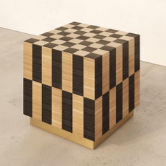 BLOCK Side Coffee Table Straw Marquetry Handcrafted Square Checkerboard Pattern