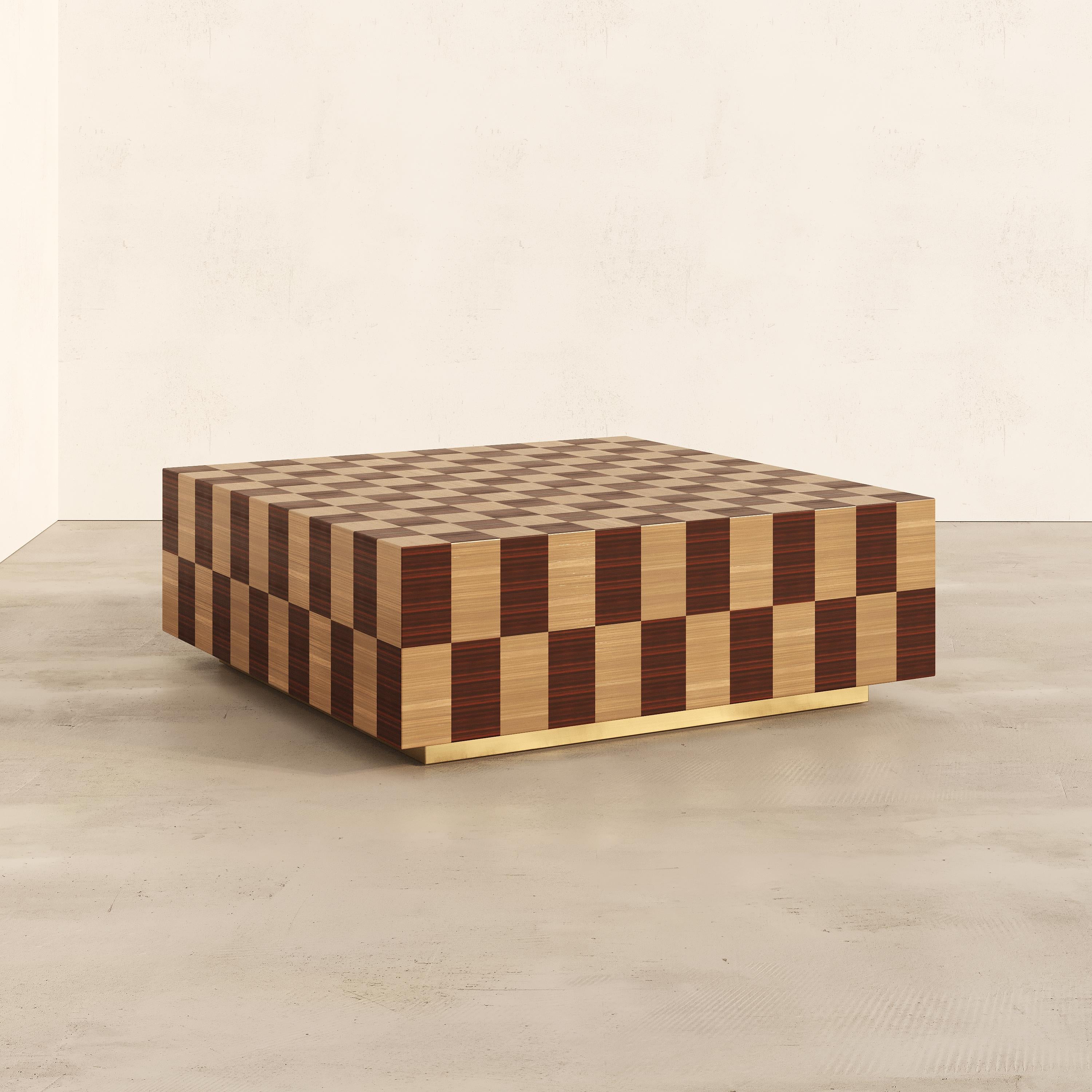 Block Side Coffee Table Checkerboard Inlay Handcrafted in Beige Straw Marquetry en venta 7