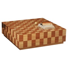 Block Side Coffee Table Checkerboard Inlay Handcrafted in Beige Straw Marquetry