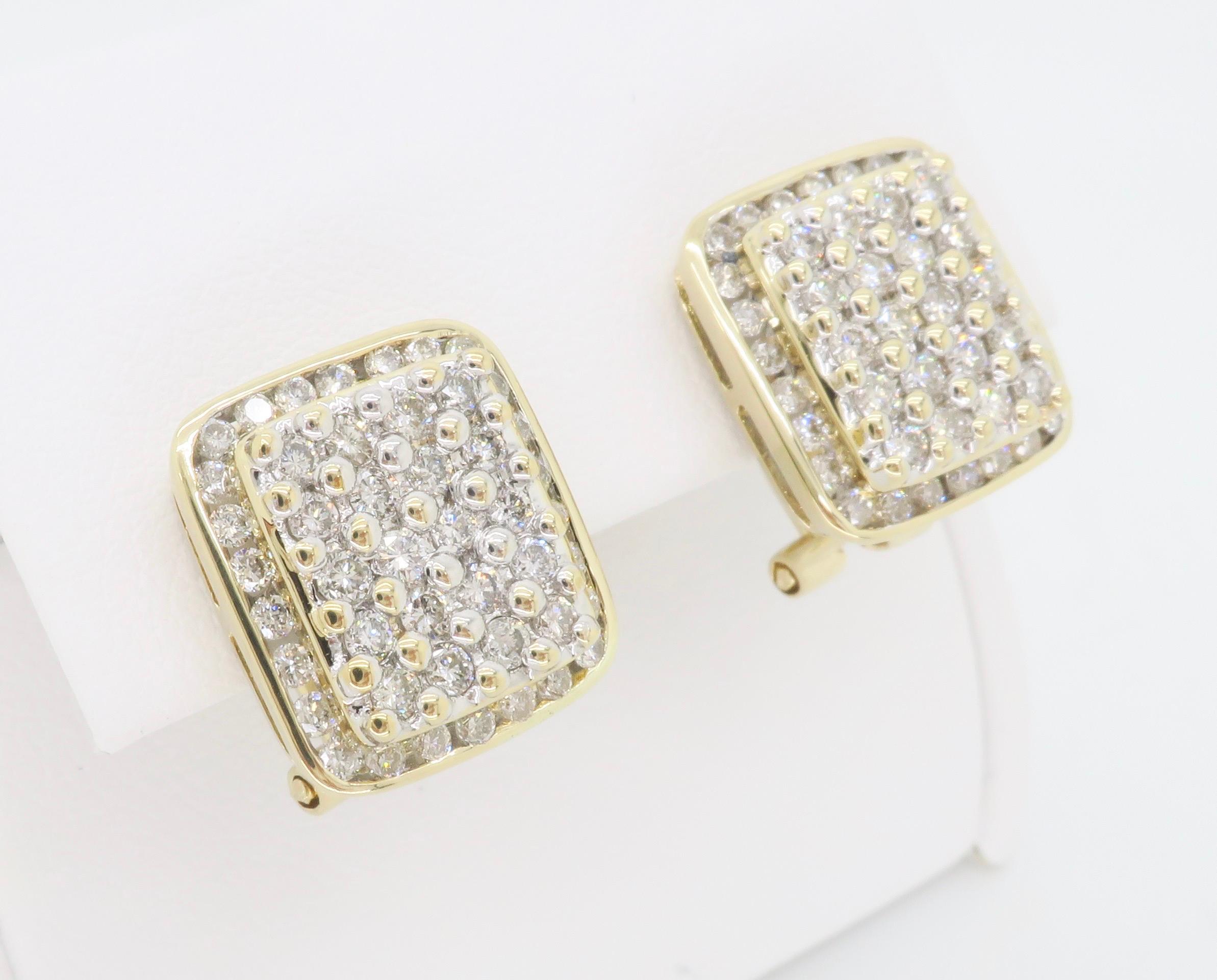 Block-Style Diamond Cluster Earrings Made in 14k Yellow Gold For Sale 5