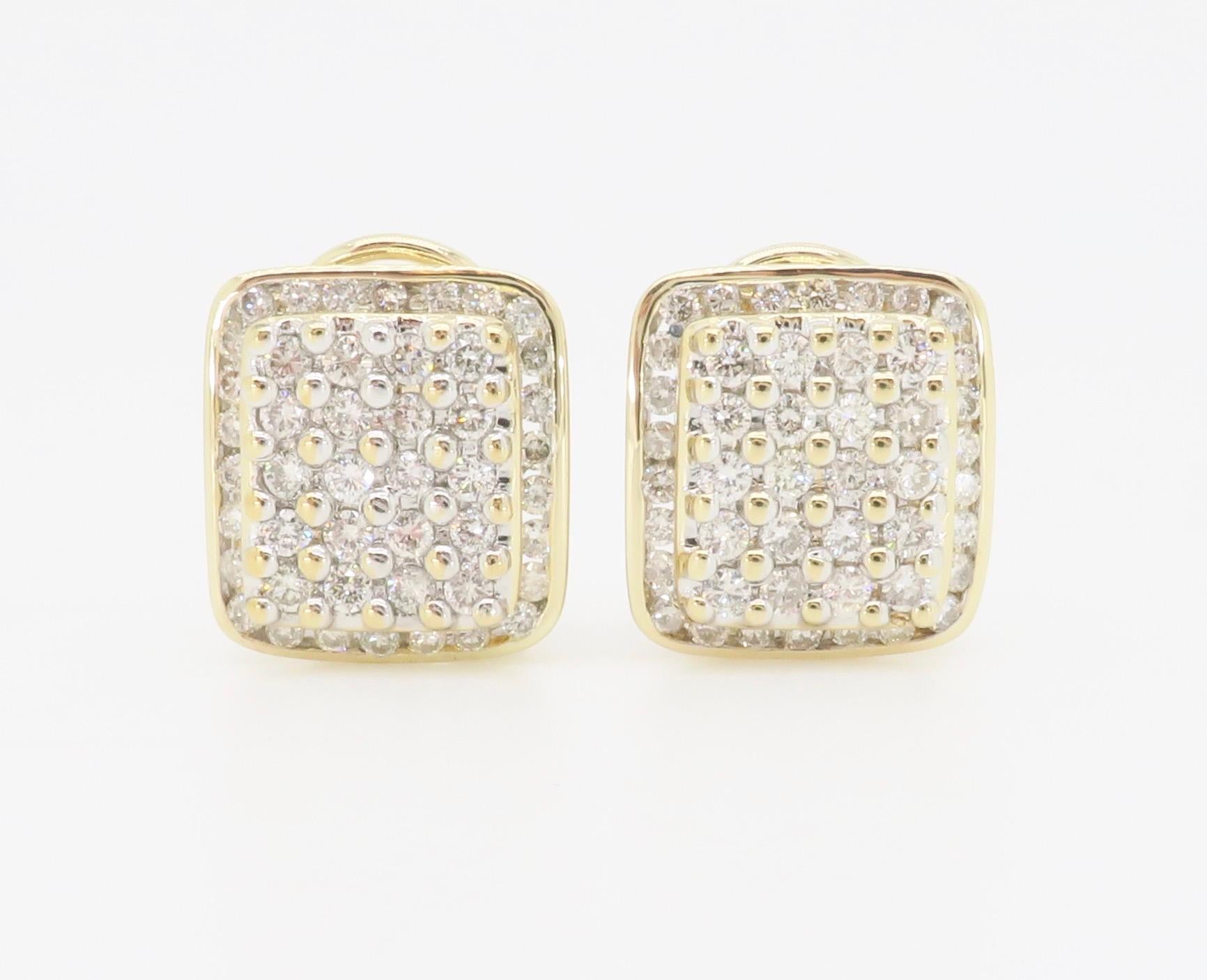 Round Cut Block-Style Diamond Cluster Earrings Made in 14k Yellow Gold For Sale