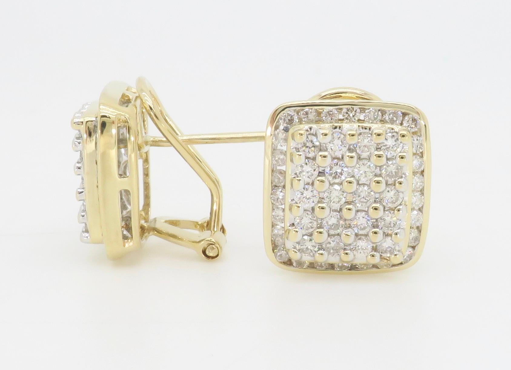 Block-Style Diamond Cluster Earrings Made in 14k Yellow Gold In Excellent Condition For Sale In Webster, NY