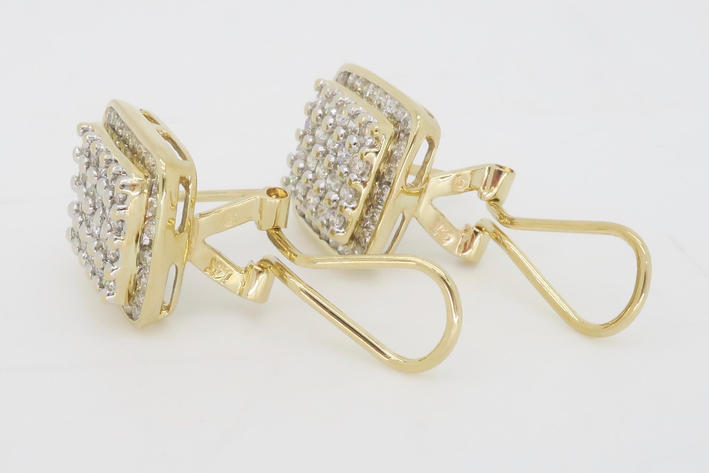 Women's or Men's Block-Style Diamond Cluster Earrings Made in 14k Yellow Gold For Sale