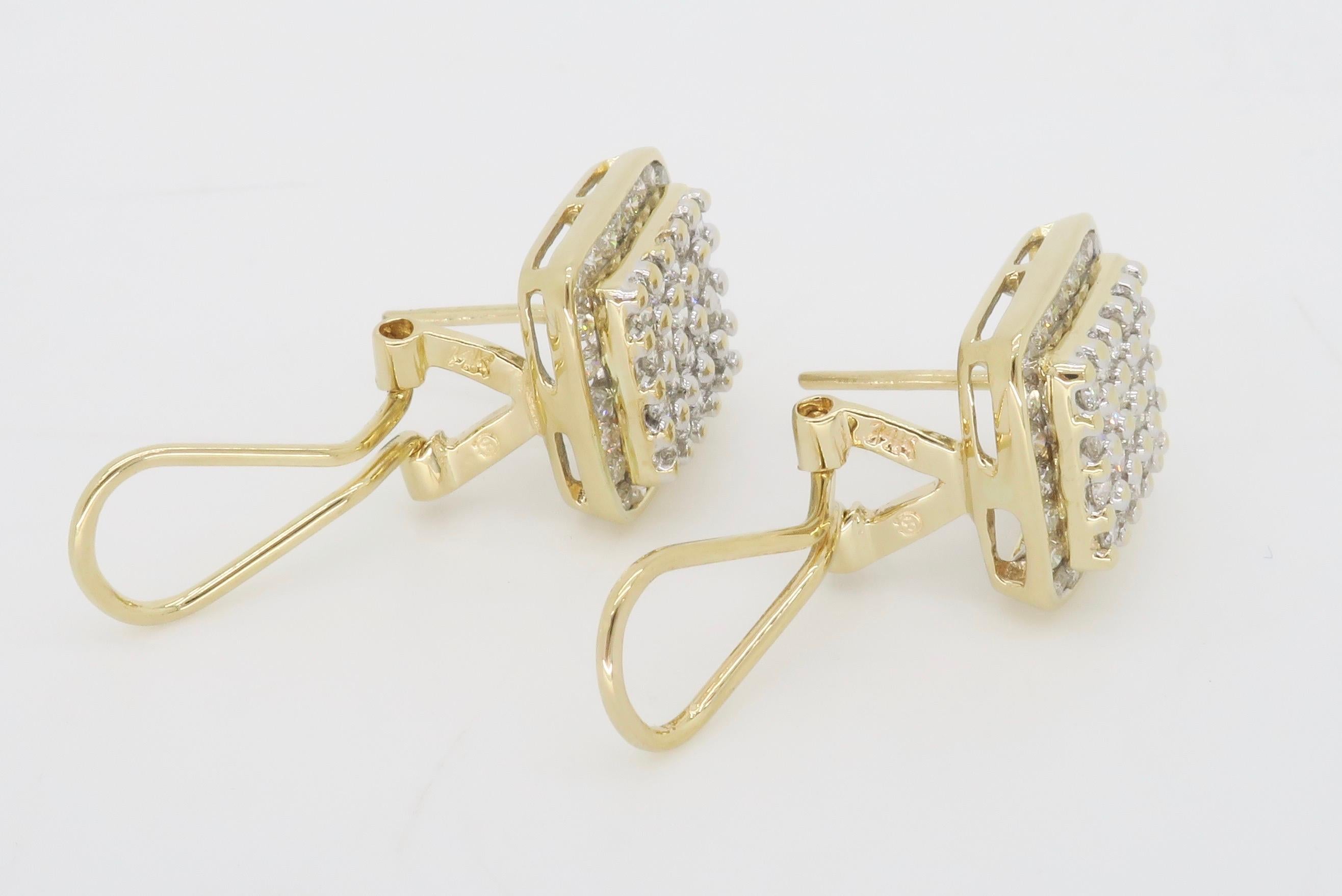 Block-Style Diamond Cluster Earrings Made in 14k Yellow Gold For Sale 1