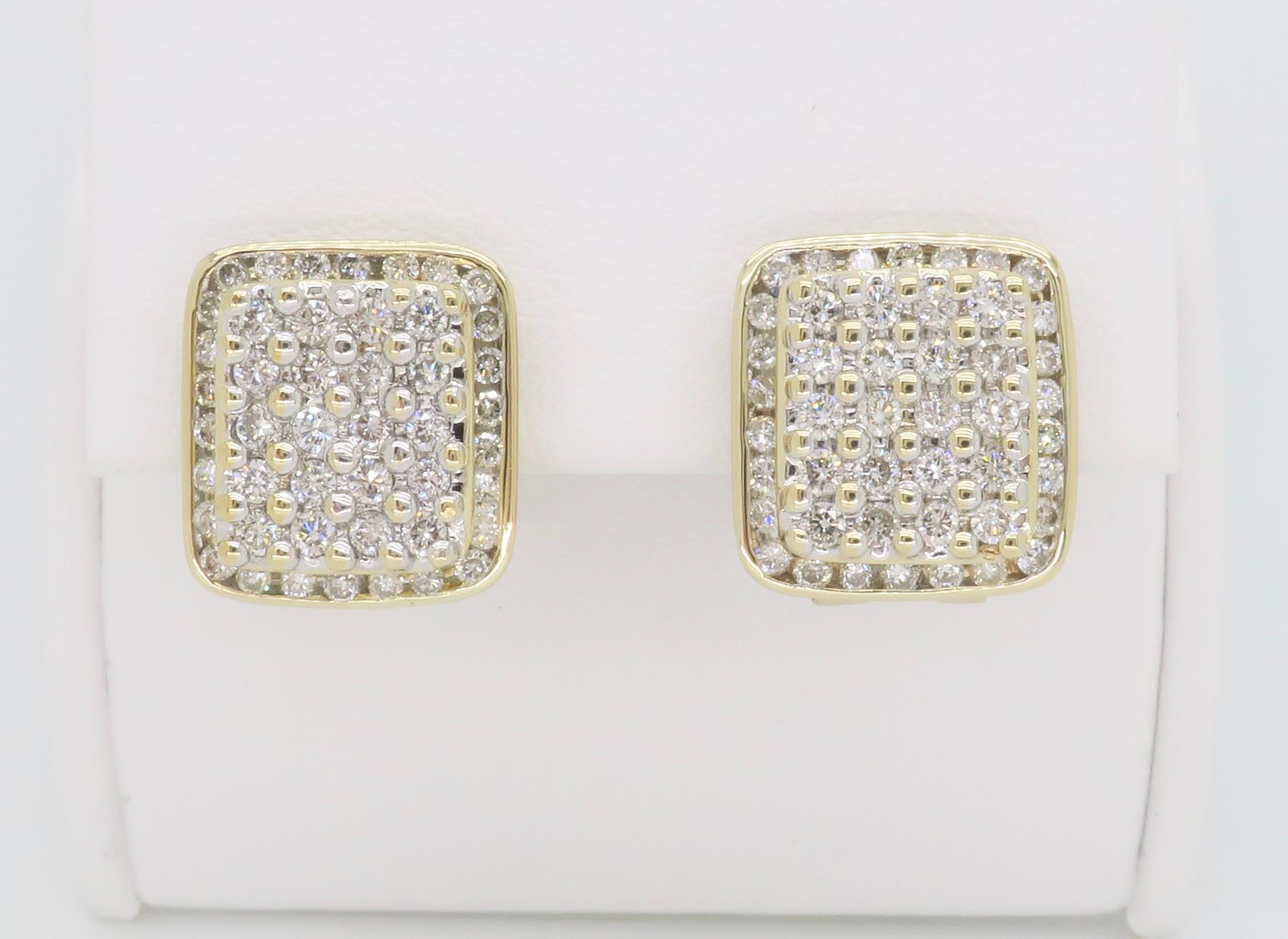 Block-Style Diamond Cluster Earrings Made in 14k Yellow Gold For Sale 3
