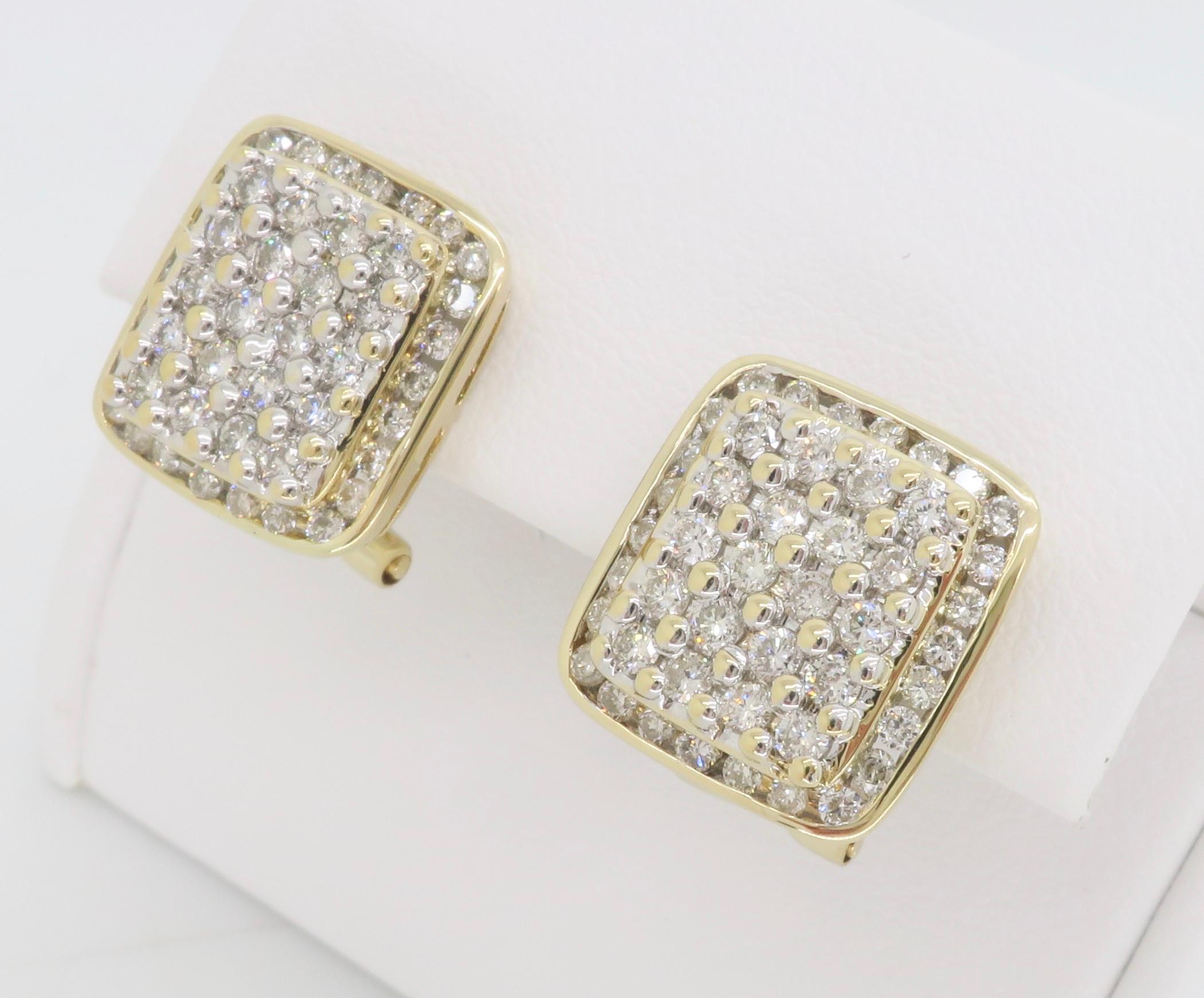 Block-Style Diamond Cluster Earrings Made in 14k Yellow Gold For Sale 4