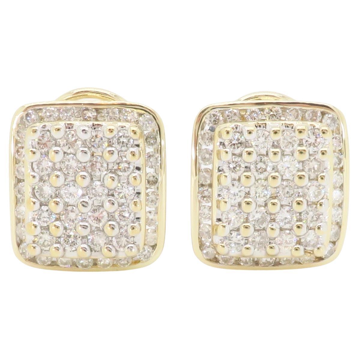 Block-Style Diamond Cluster Earrings Made in 14k Yellow Gold For Sale