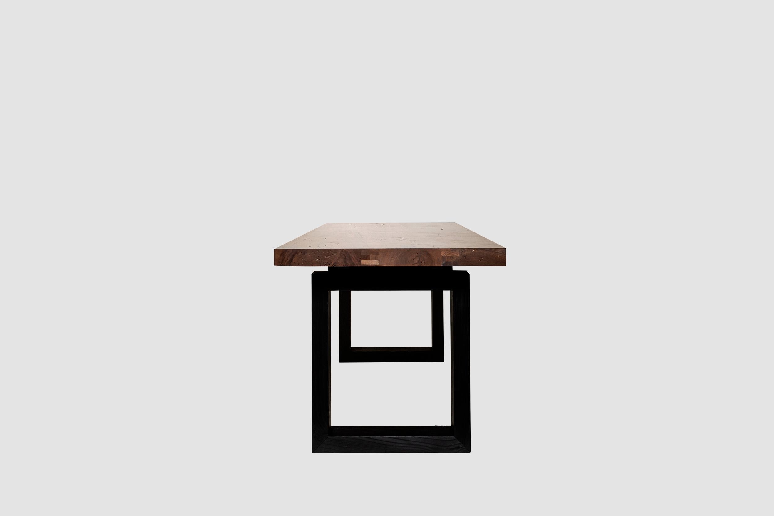 Hand-Crafted Block Table in Solid Walnut and Charred Cedar Wood by Studio F For Sale