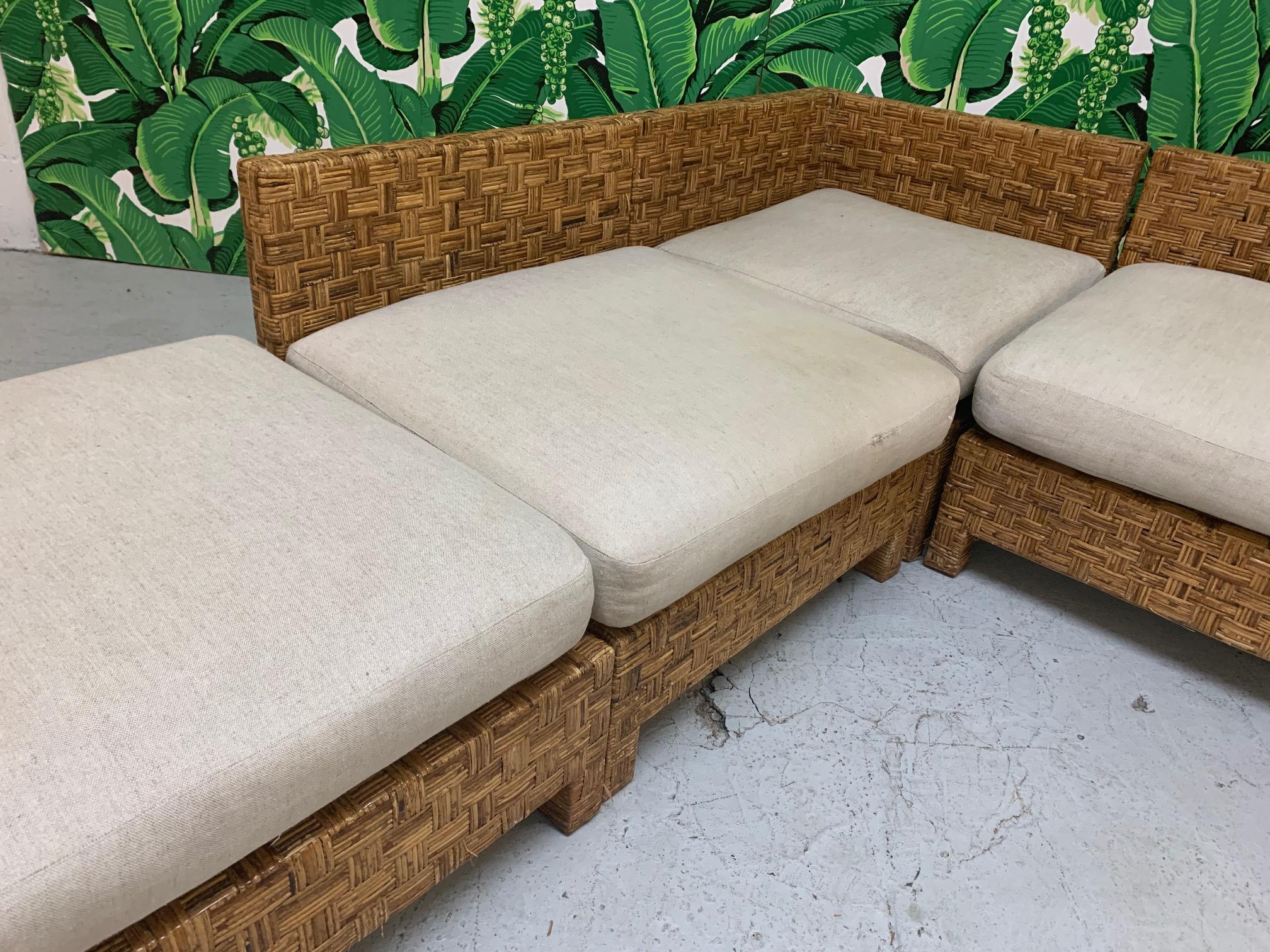 Mid-Century Modern Block Wicker Woven 5 Piece Sectional Sofa For Sale