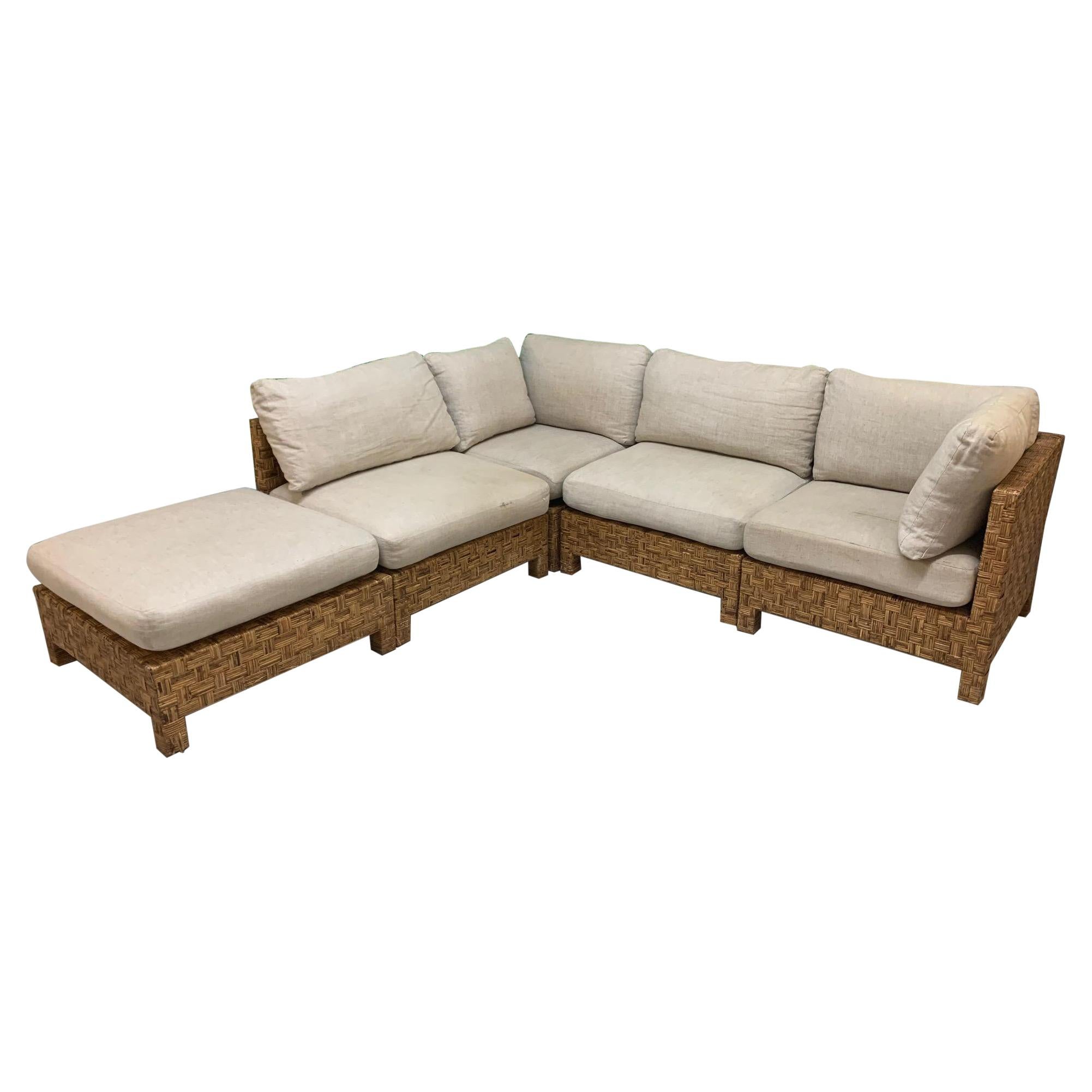 Block Wicker Woven 5 Piece Sectional Sofa For Sale