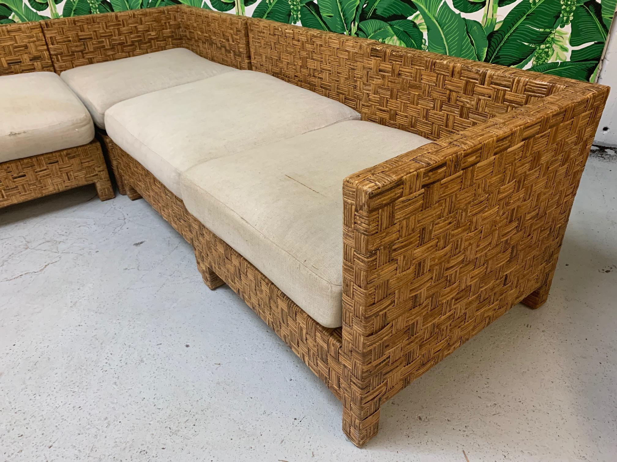 Late 20th Century Block Wicker Woven Sectional Sofa For Sale