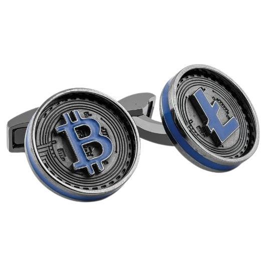 Blockchain Cufflinks with Blue Enamel in Gunmetal For Sale