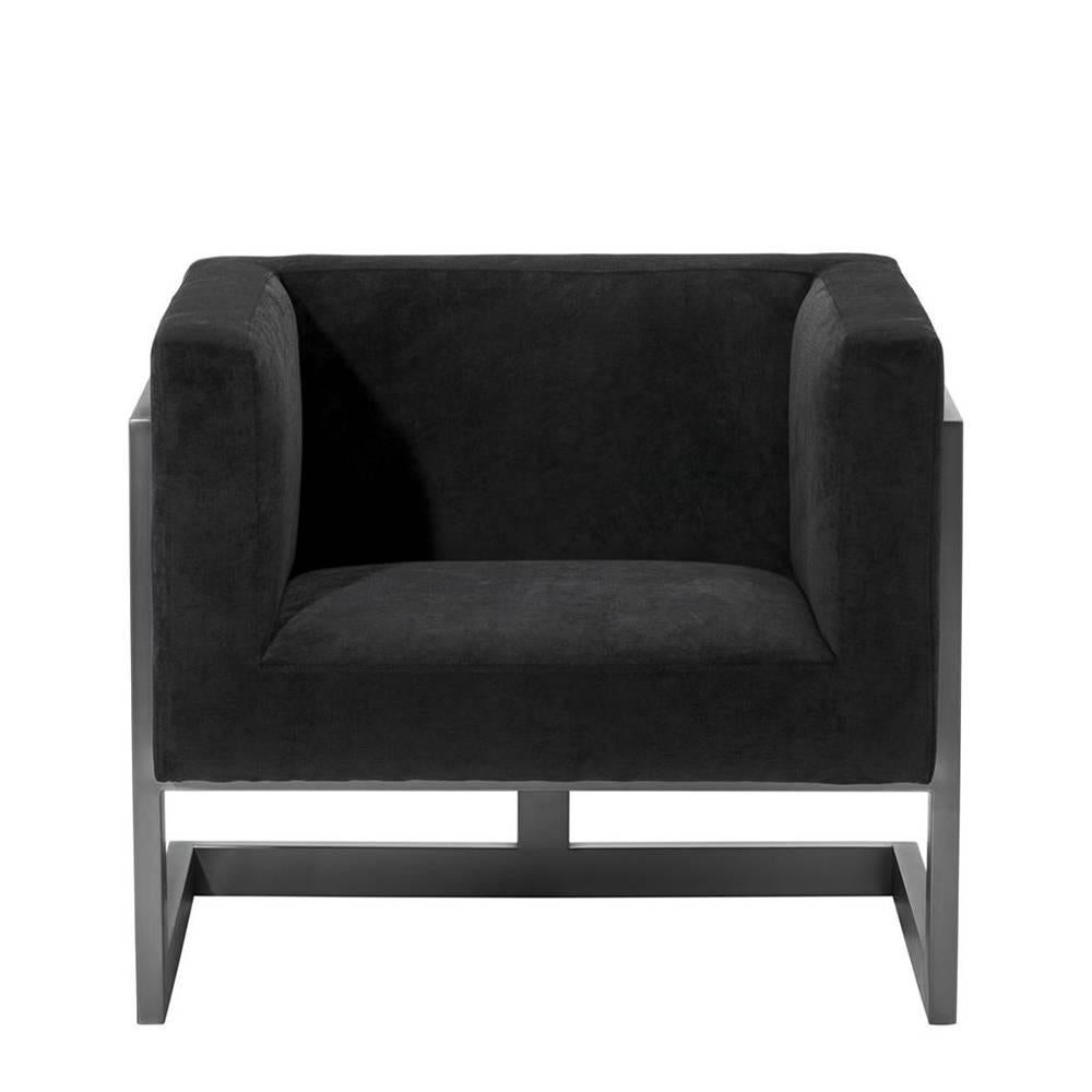 Hand-Crafted Blocks Armchair with Bronze Frame and Black Velvet Fabric