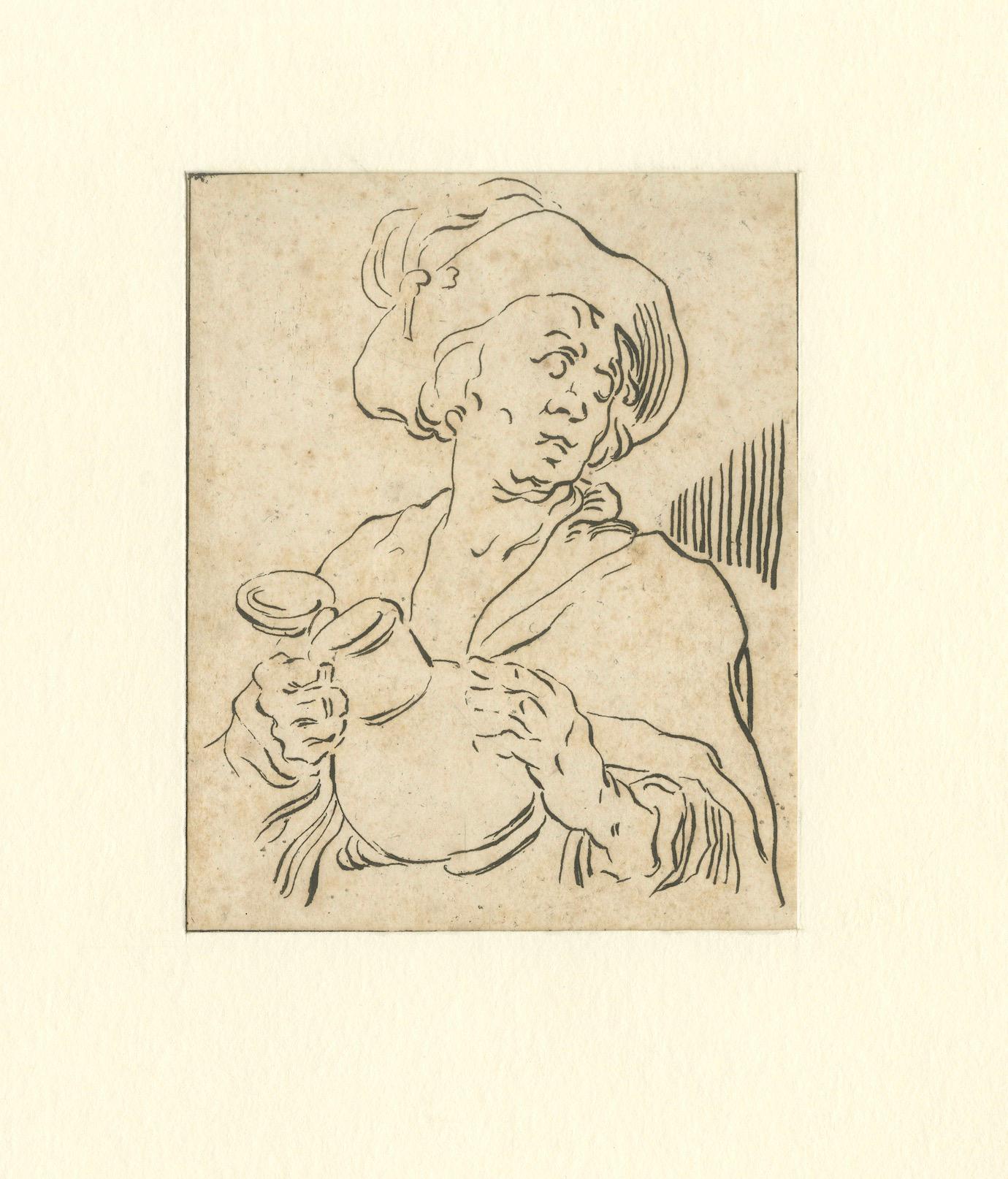 Bloemaert Style Figure Study – Man with Jug, 18thC Dutch Etching, Van den Bosch