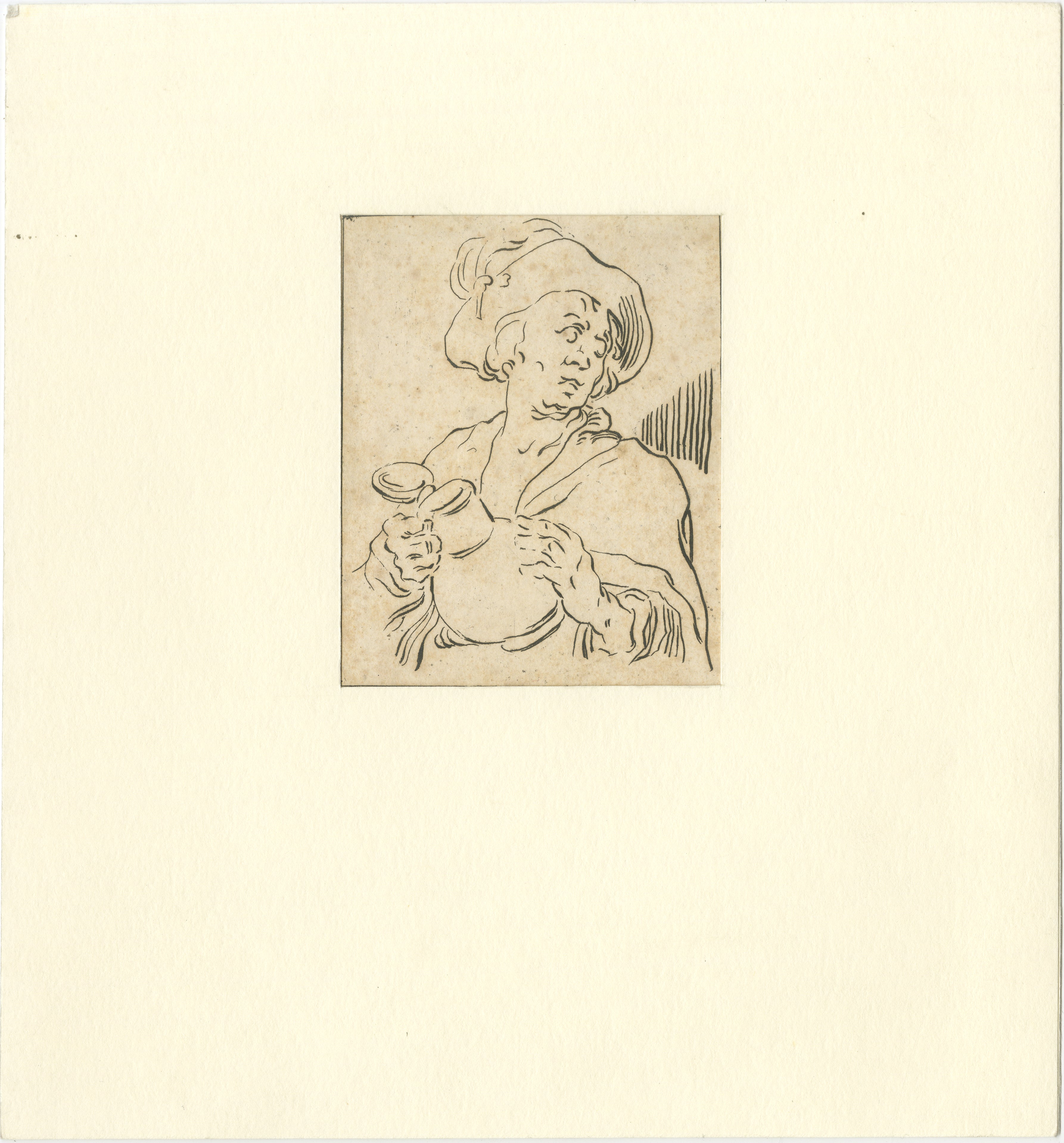 Bloemaert Style Figure Study – Man with Jug, 18thC Dutch Etching, Van den Bosch For Sale