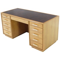 Blond Mahogany Leather Top Square  Brass Pulls File Drawer Executive Desk
