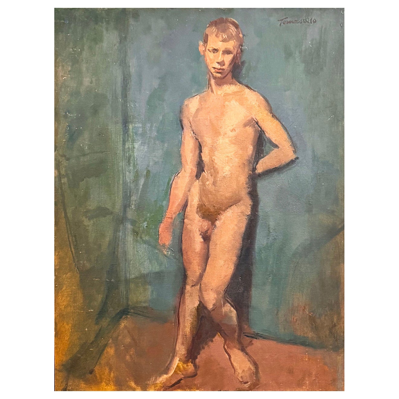 "Nu blond dans une chambre bleue", peinture du milieu du siècle avec un nu masculin