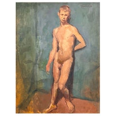 "Nu blond dans une chambre bleue", peinture du milieu du siècle avec un nu masculin