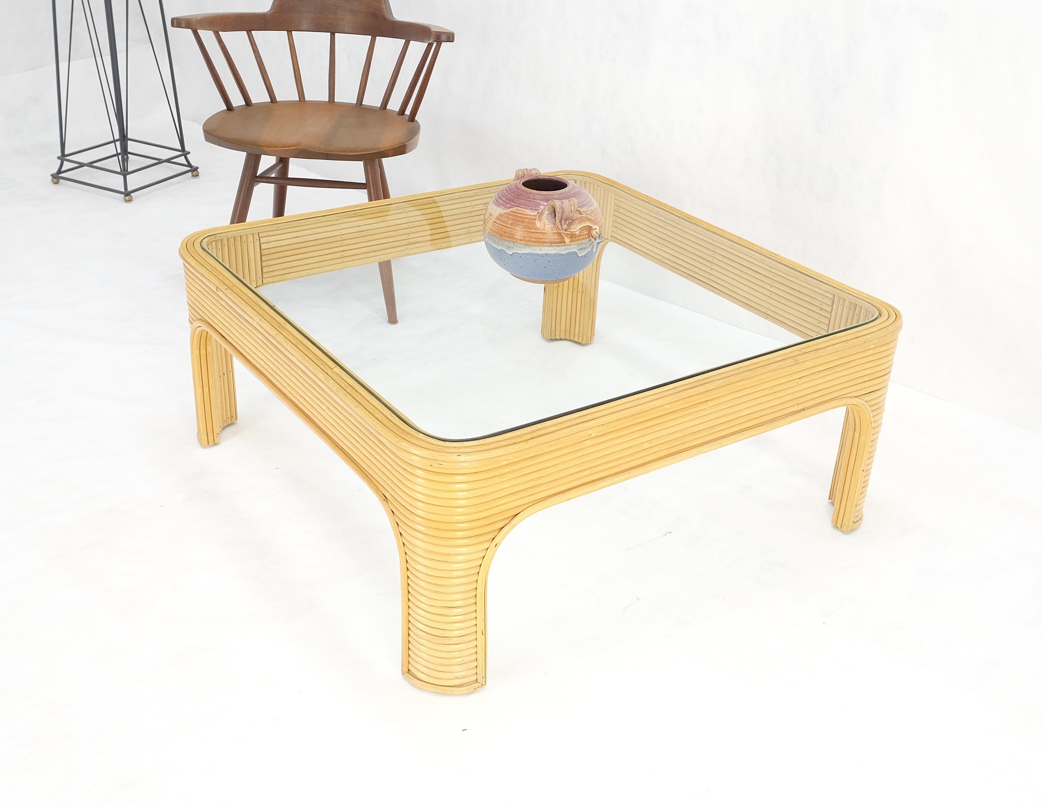 Blond Rattan Bamboo Rounded Corners Square Glass Top Coffee Table 1970's Frankl For Sale 3