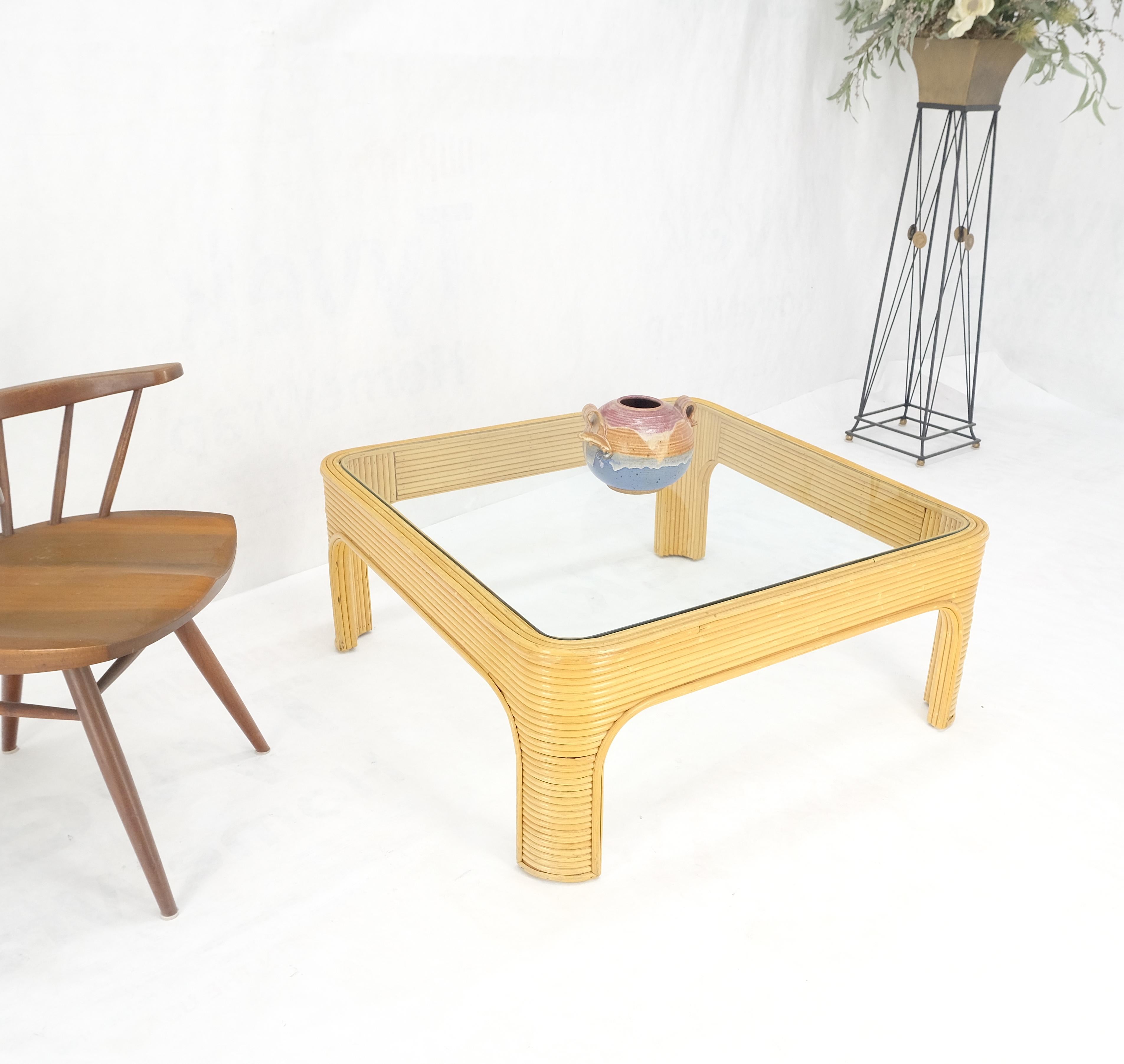 Blond Rattan Bamboo Rounded Corners Square Glass Top Coffee Table 1970's Frankl For Sale 4