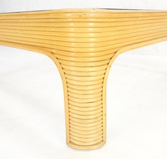 Blond Rattan Bamboo Rounded Corners Square Glass Top Coffee Table 1970's Frankl
