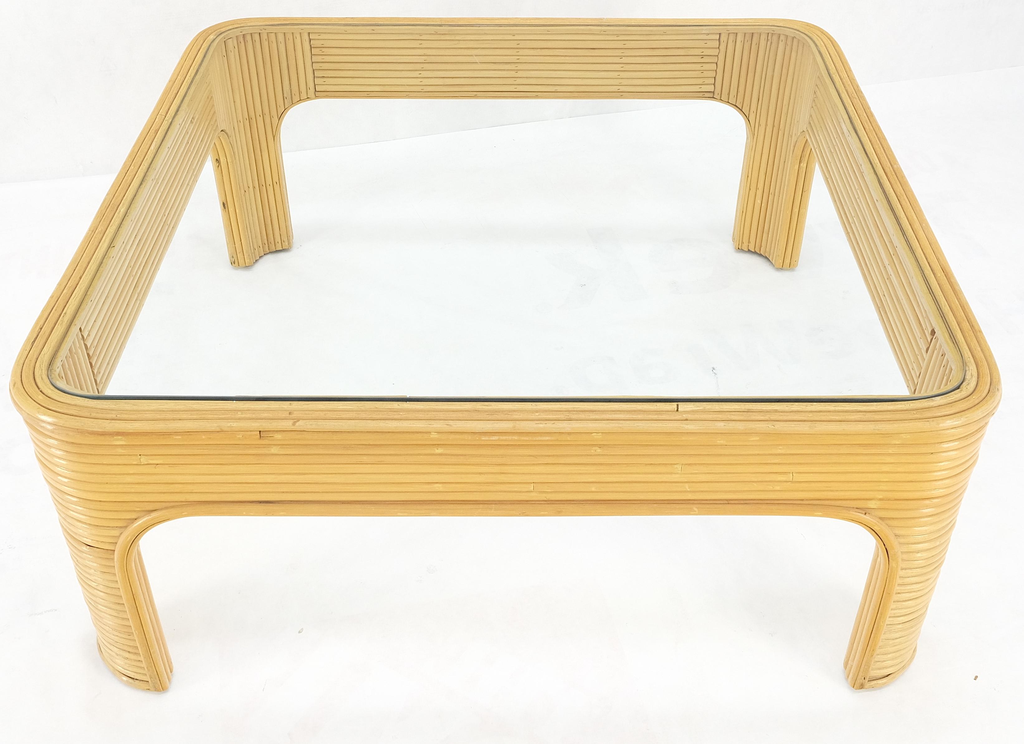 Mid-Century Modern Blond Rattan Bamboo Rounded Corners Square Glass Top Coffee Table 1970's Frankl For Sale