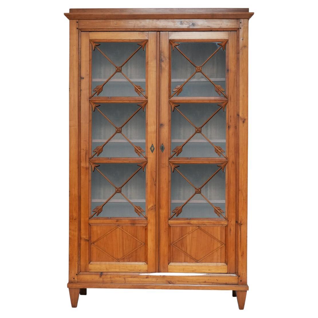  Blond wood cabinet with glass doors, 1970s. For Sale
