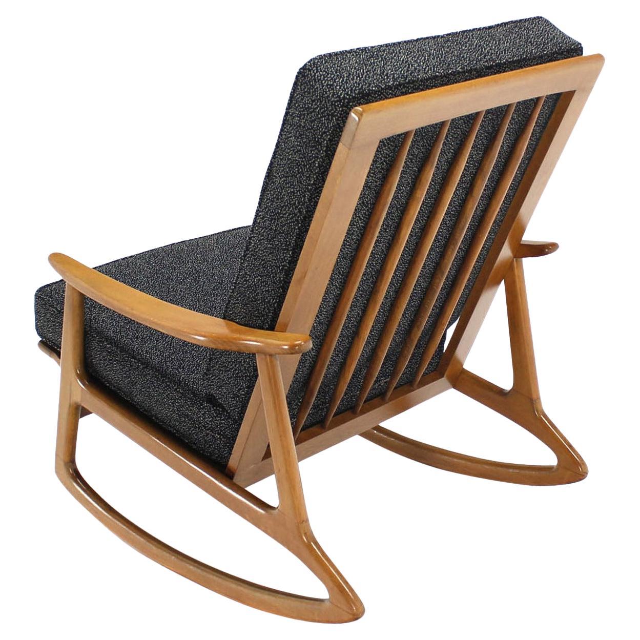 Blond Wood Danish Modern Slated Back Rocking Lounge Chair New Upholstery MINT For Sale