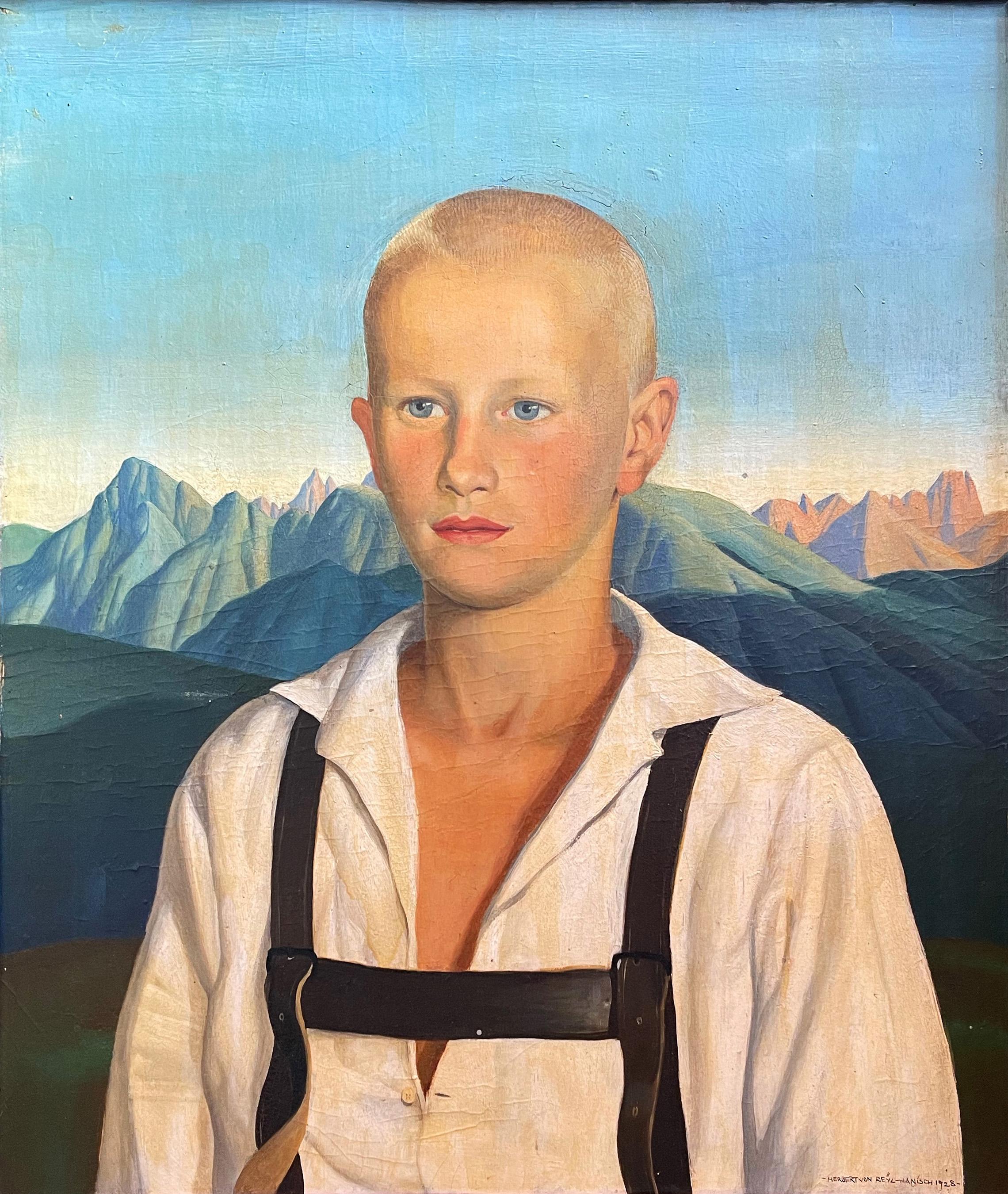 One of the great masterworks of Herbert von Reyl-Hanish and clearly inspired by Renaissance portraits which show a dignified personage with an idyllic landscape behind, this portrait of a young, blond youth in traditional lederhosen is striking and