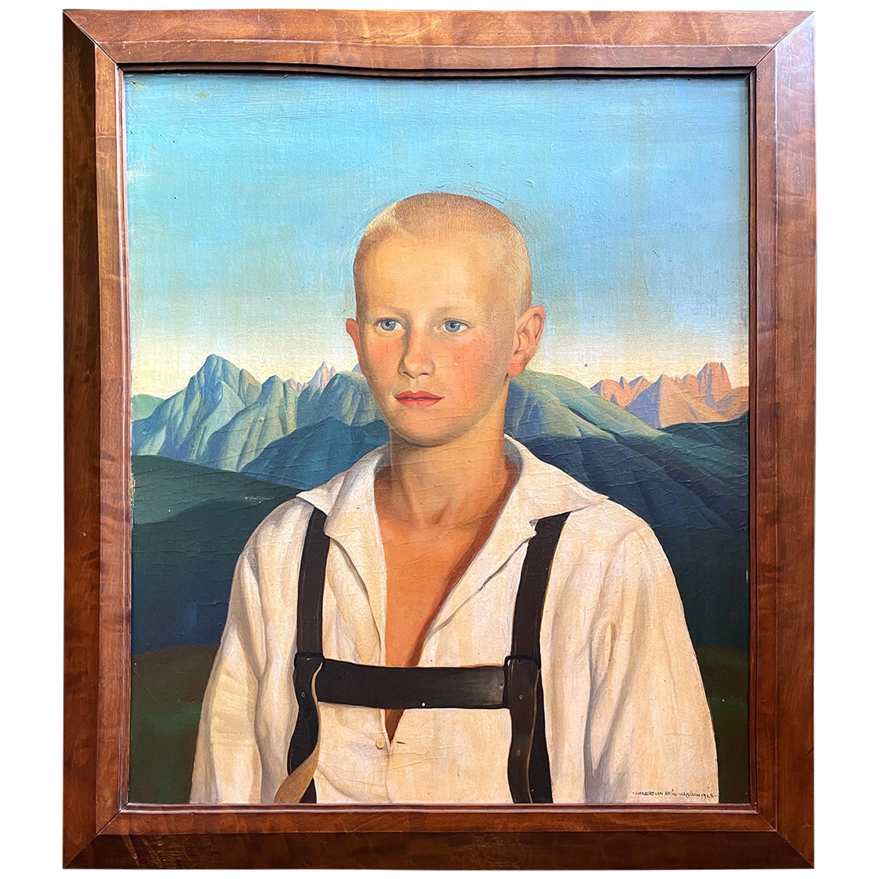 "Blond Youth w/ Lederhosen, " 1928 Portrait by Reyl-Hanisch, Renaissance-Inspired For Sale