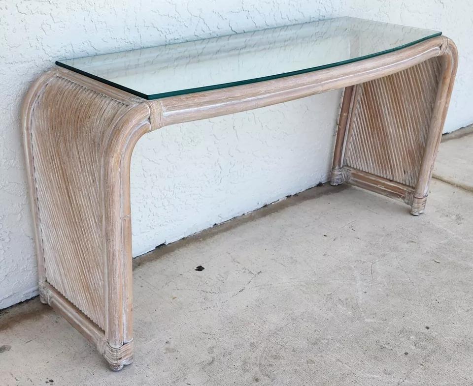 Blonde Bamboo Waterfall Console Sofa Table Low Profile In Good Condition For Sale In Lake Worth, FL
