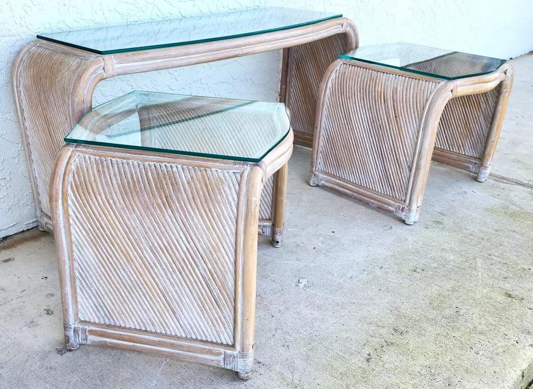 Bohemian Blonde Bamboo Waterfall Side Console Tables Set For Sale