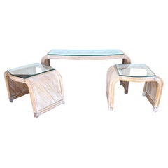 Vintage Blonde Bamboo Waterfall Side Console Tables Set