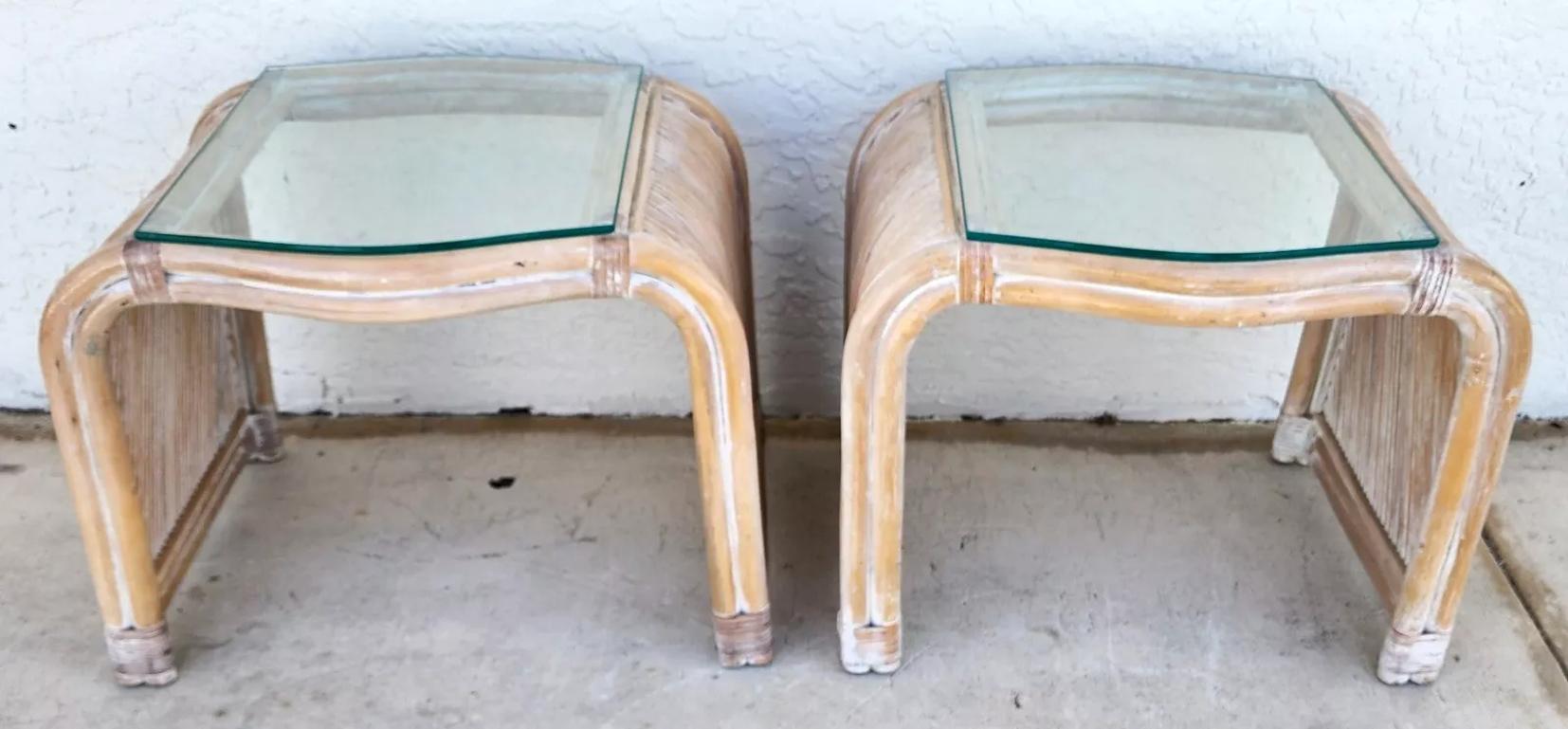 Bohemian Blonde Bamboo Waterfall Side Tables Set of 2 For Sale