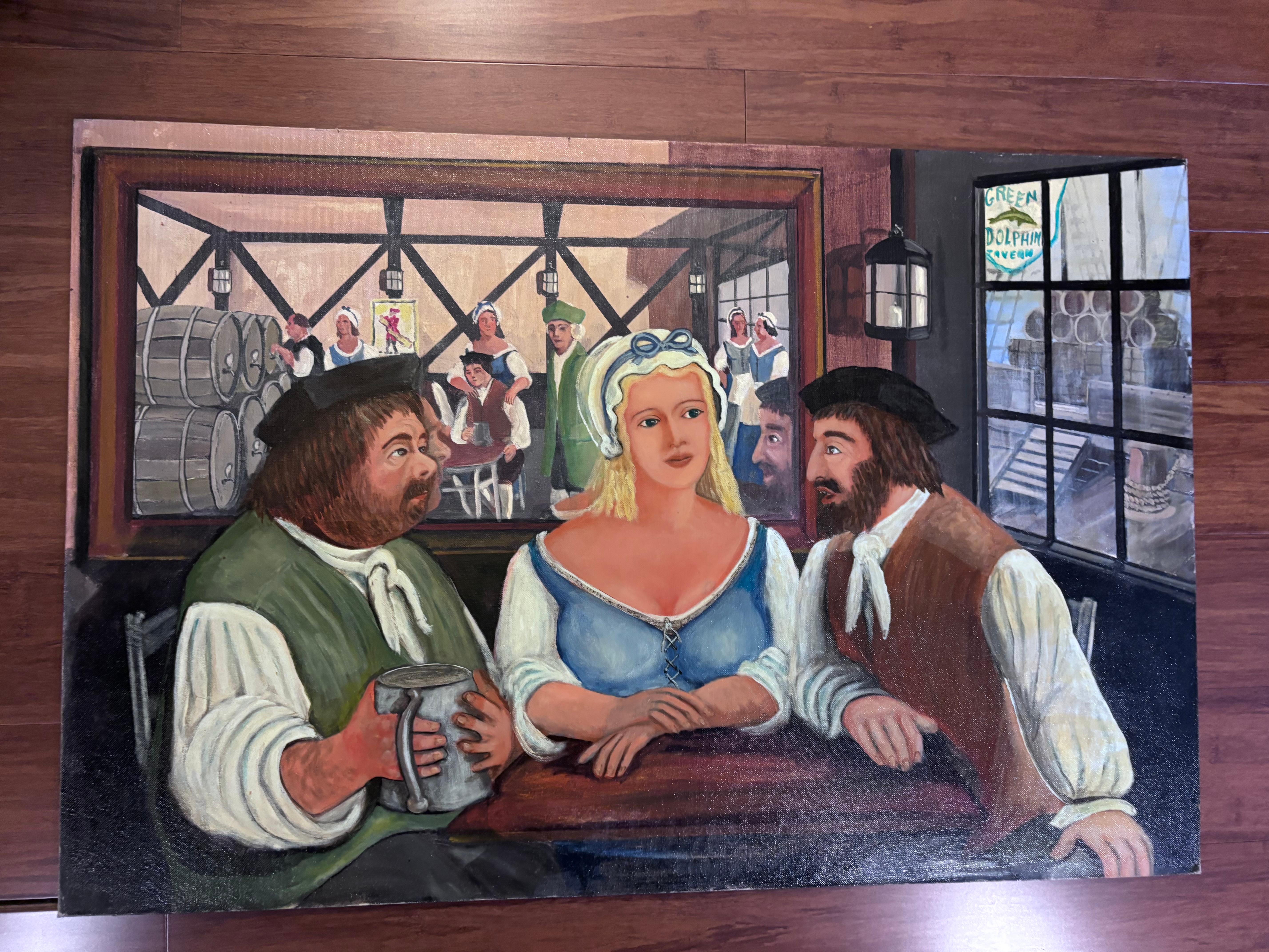 Una fanciulla bionda dagli occhi azzurri siede tra due ospiti maschi alla Taverna del Delfino Verde. 
Pittura a mano dai colori vivaci

Un   pittura ad olio su  pannello su tela dell'artista popolare surrealista outsider autodidatta Gloria