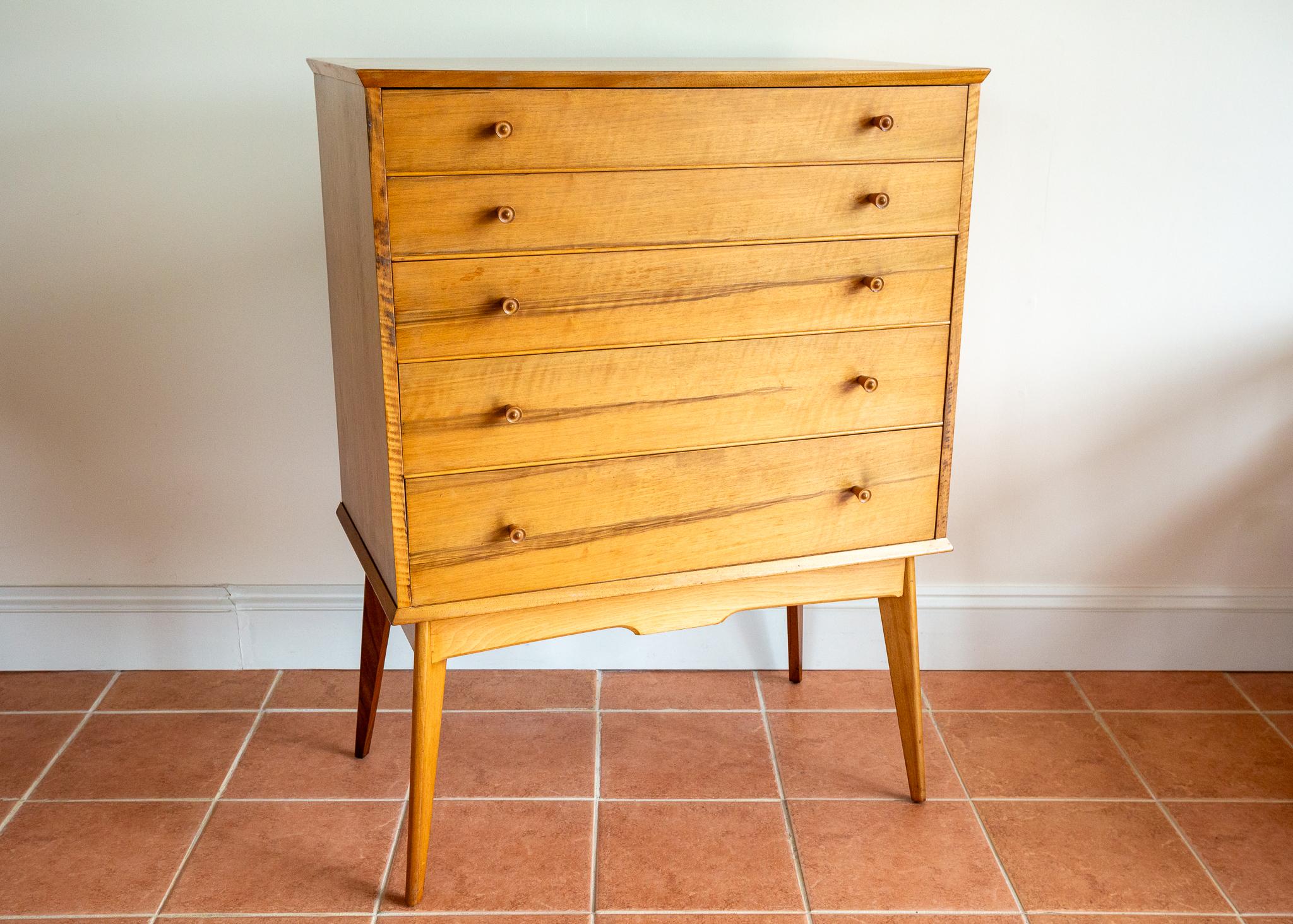 Blonde Mid Century Chest Of Drawers Tallboy Highboy Walnut Alfred Cox Heals 1960 For Sale 6