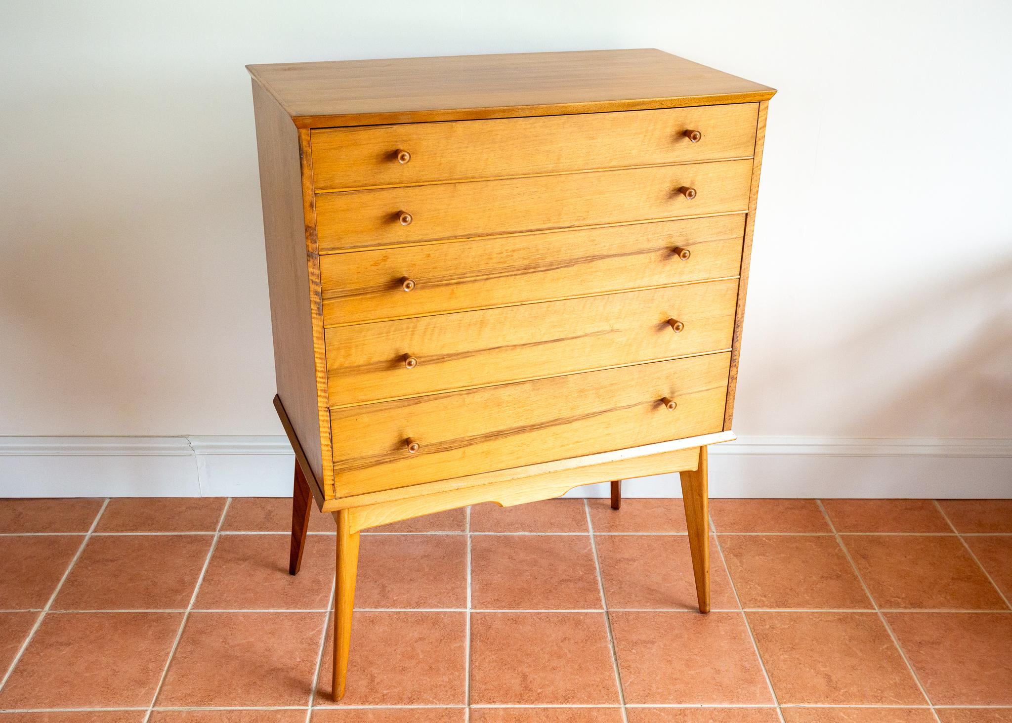 20th Century Blonde Mid Century Chest Of Drawers Tallboy Highboy Walnut Alfred Cox Heals 1960 For Sale
