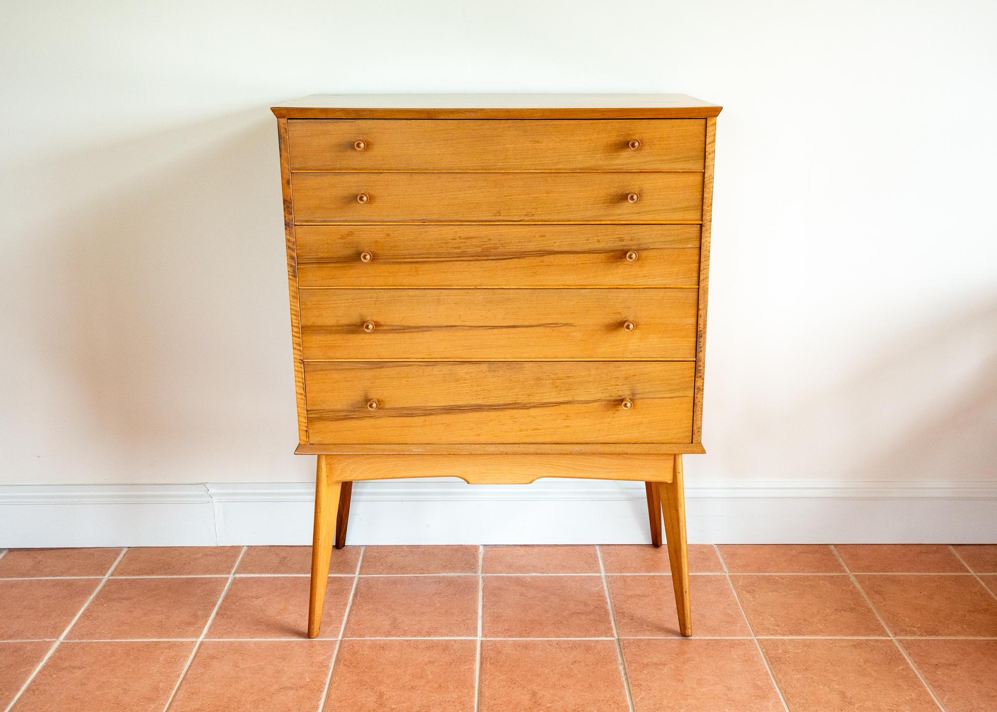 Blonde Mid Century Chest Of Drawers Tallboy Highboy Walnut Alfred Cox Heals 1960 For Sale 7