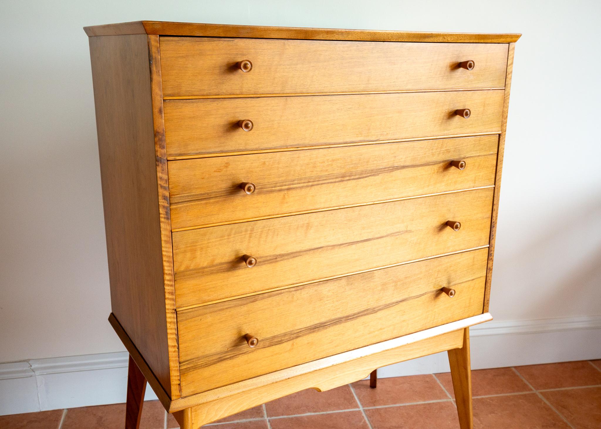 Blonde Mid Century Chest Of Drawers Tallboy Highboy Walnut Alfred Cox Heals 1960 For Sale 8