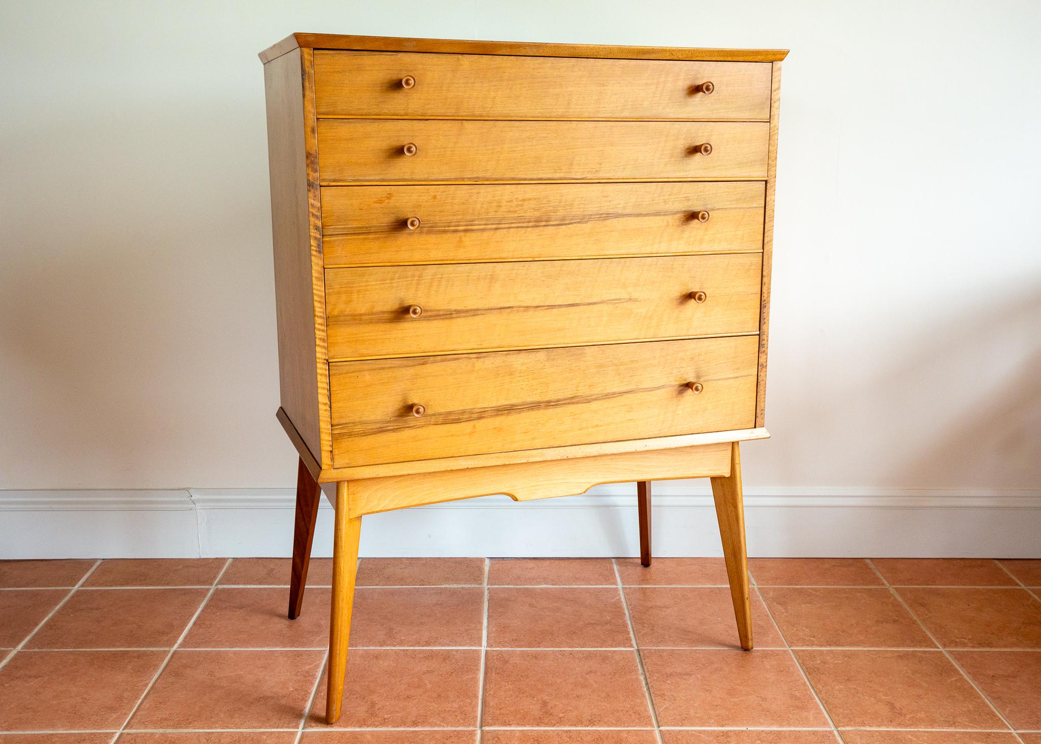Blonde Mid Century Chest Of Drawers Tallboy Highboy Walnut Alfred Cox Heals 1960 For Sale 10