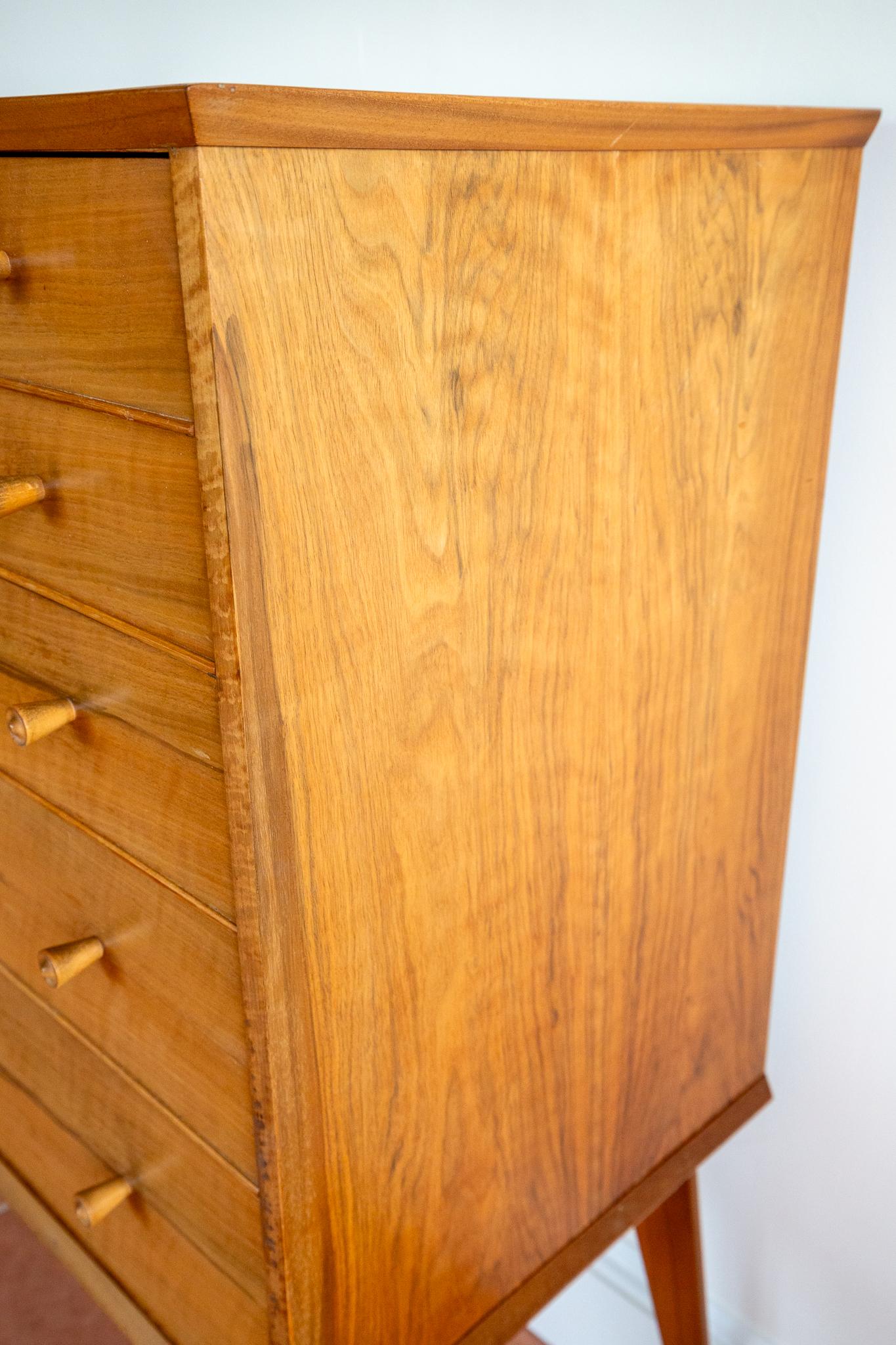 British Blonde Mid Century Chest Of Drawers Tallboy Highboy Walnut Alfred Cox Heals 1960 For Sale