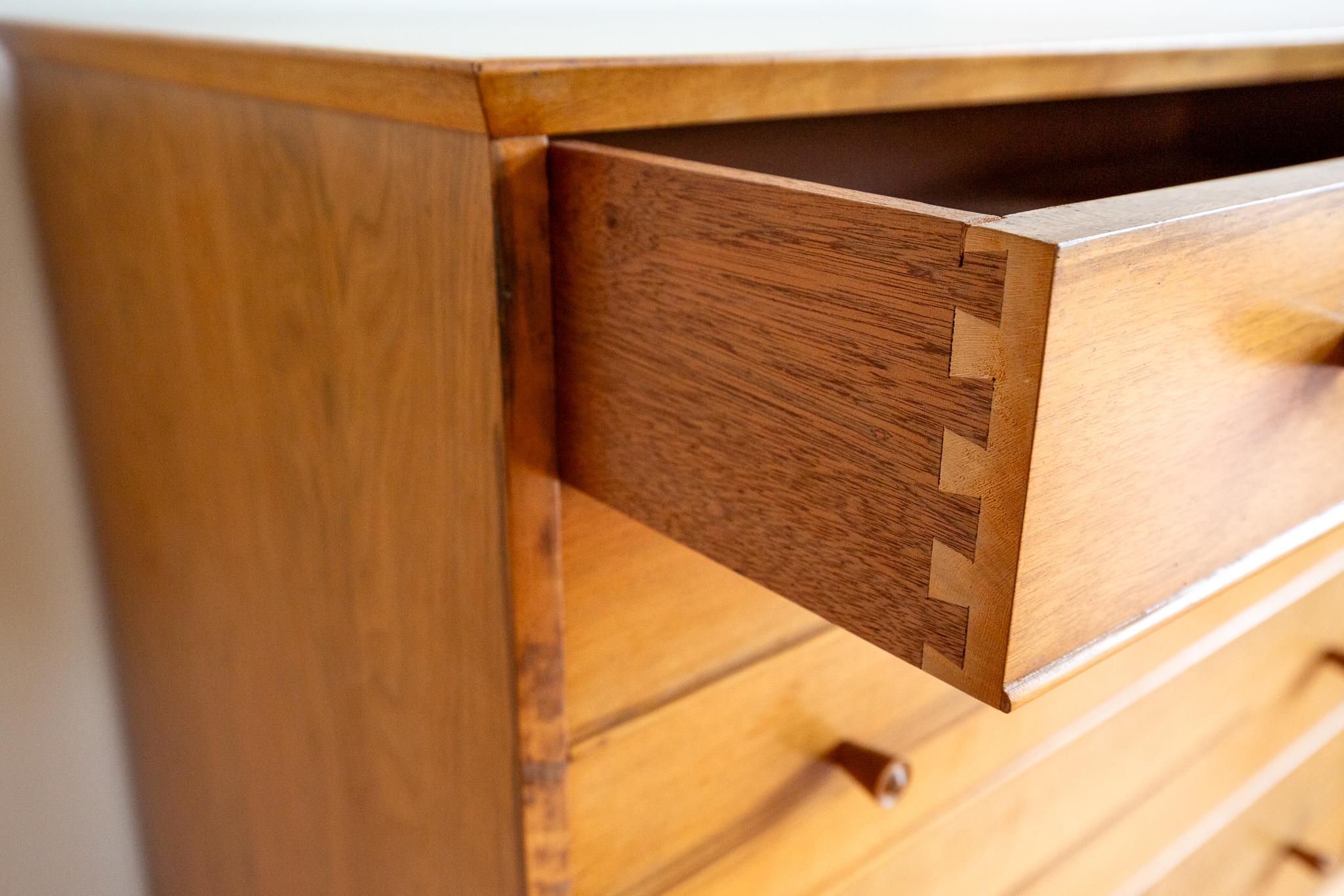 Hand-Crafted Blonde Mid Century Chest Of Drawers Tallboy Highboy Walnut Alfred Cox Heals 1960 For Sale