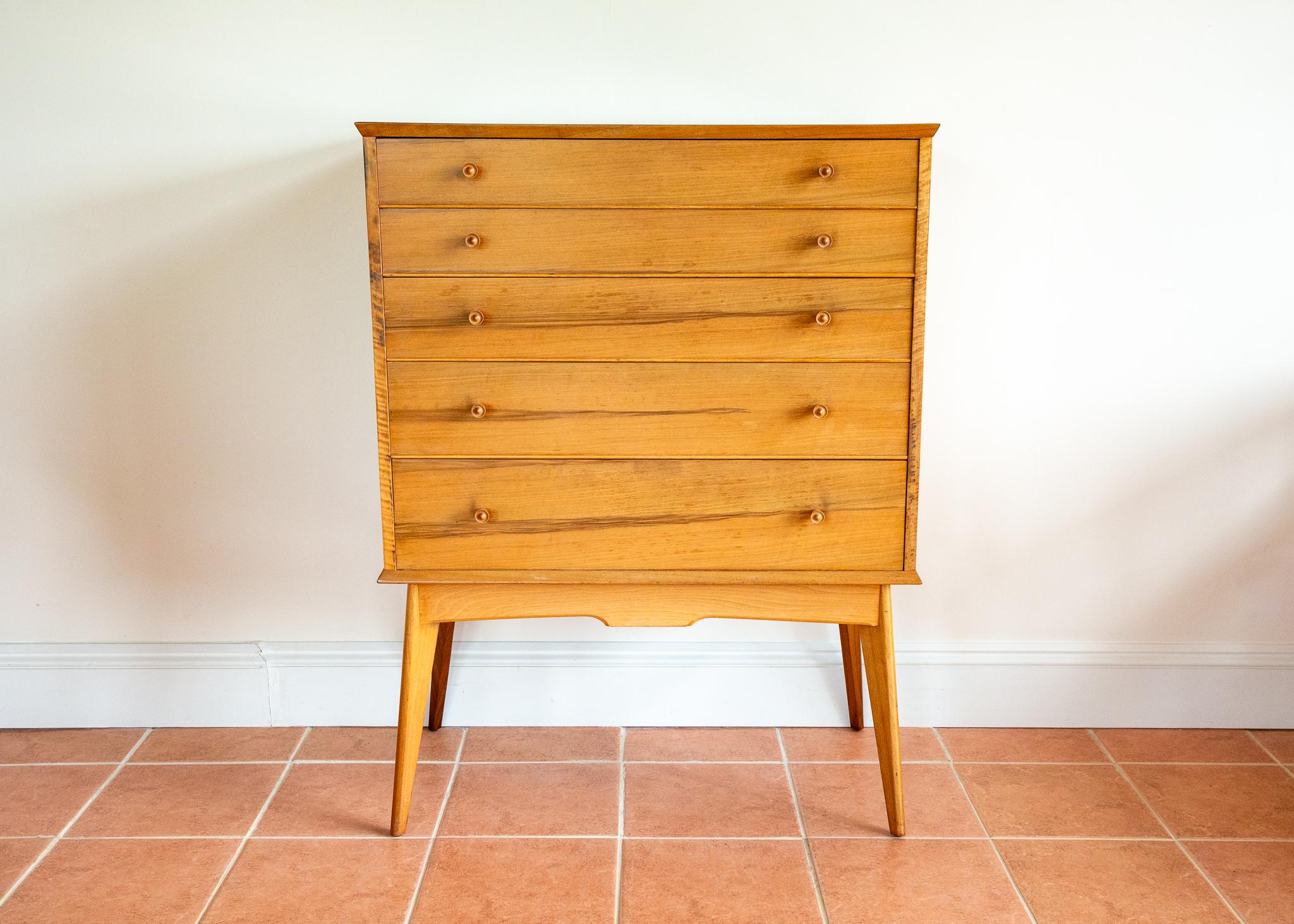 Blonde Mid Century Chest Of Drawers Tallboy Highboy Walnut Alfred Cox Heals 1960 For Sale 2