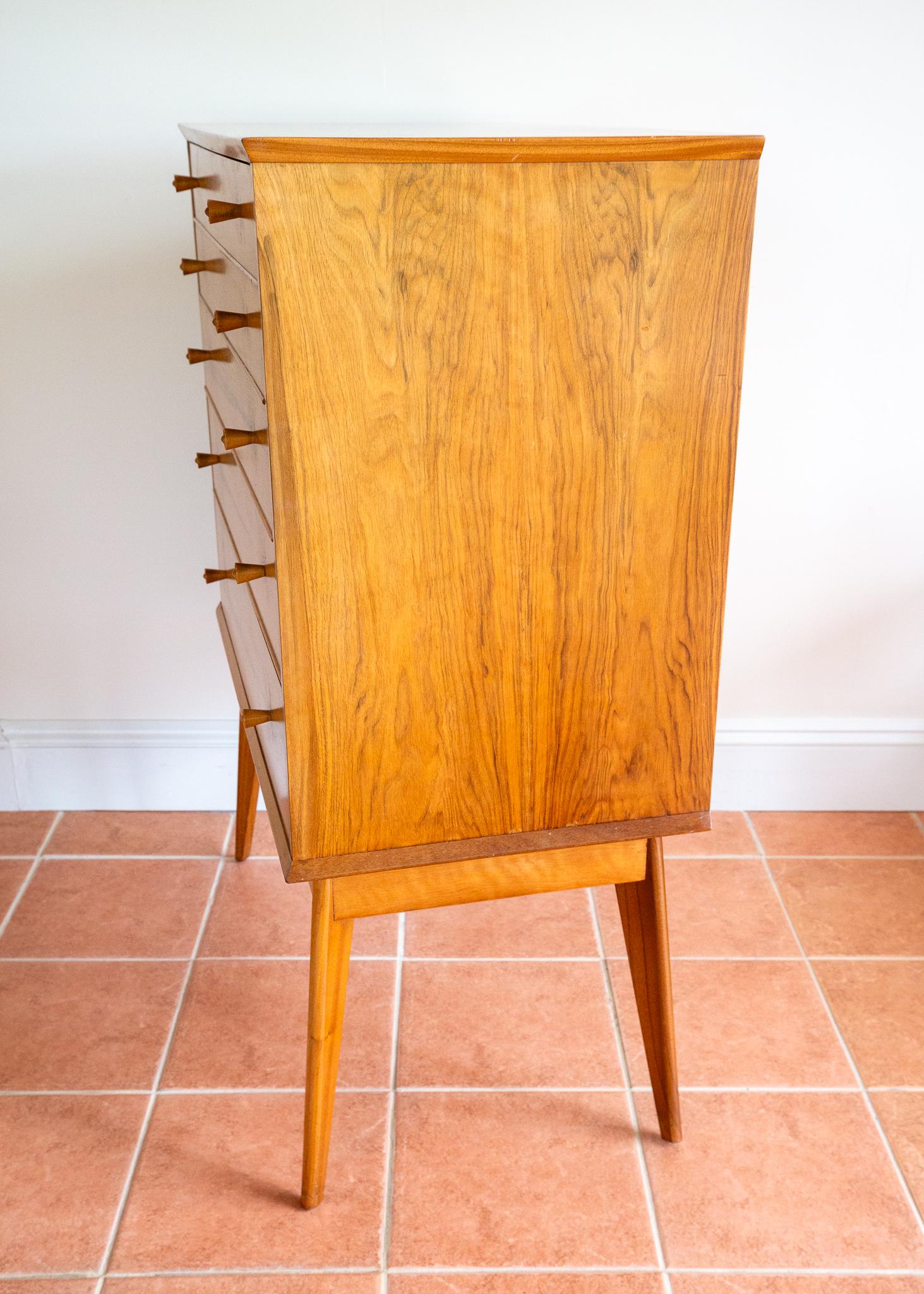 Satinwood Blonde Mid Century Chest Of Drawers Tallboy Highboy Walnut Alfred Cox Heals 1960 For Sale