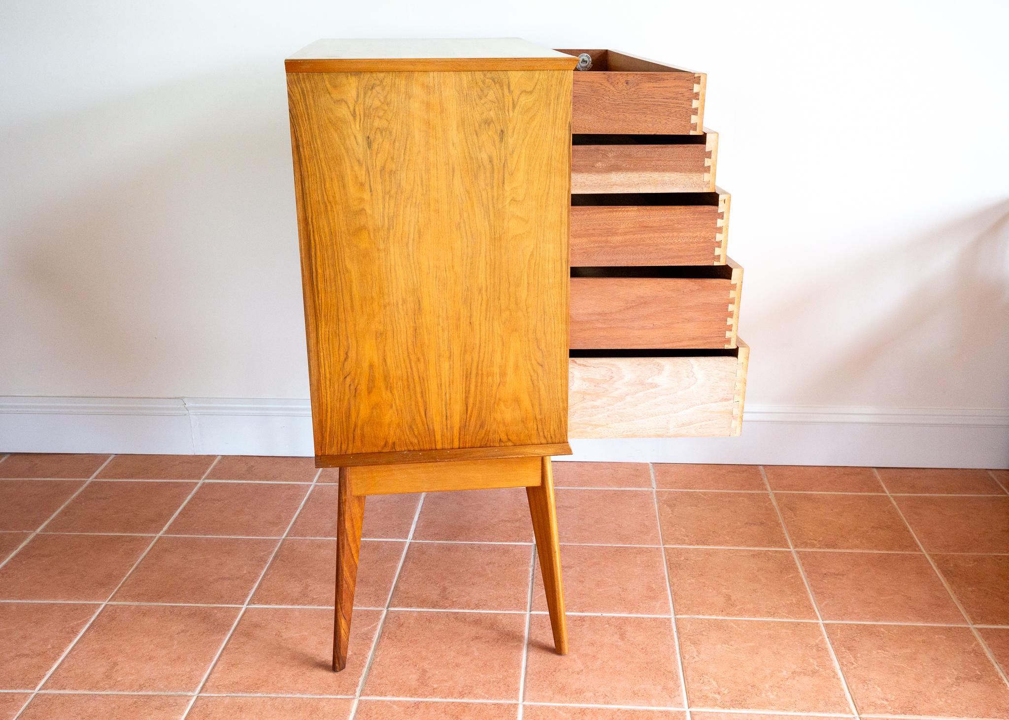 Blonde Mid Century Chest Of Drawers Tallboy Highboy Walnut Alfred Cox Heals 1960 For Sale 1